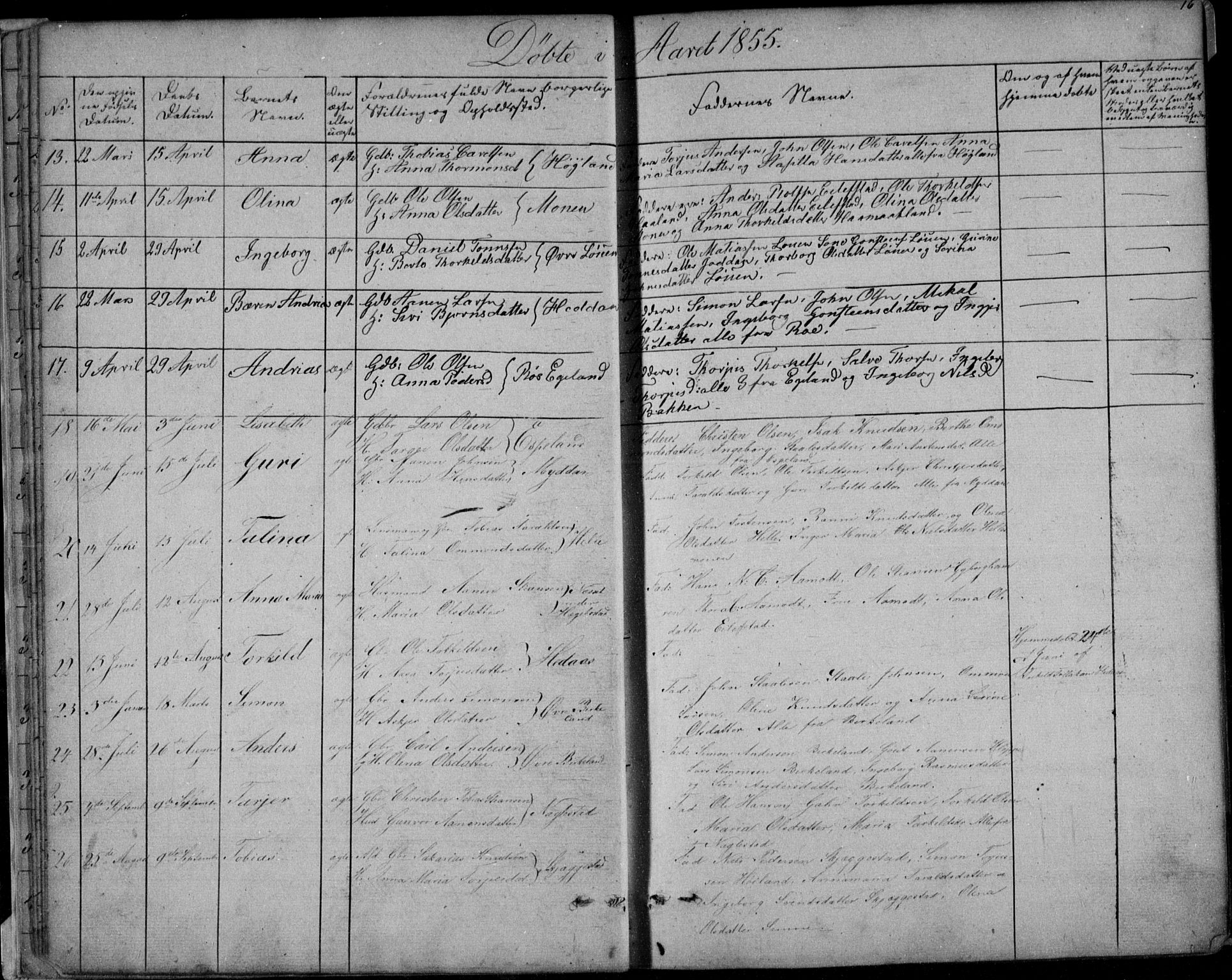 Hægebostad sokneprestkontor, AV/SAK-1111-0024/F/Fb/Fba/L0002: Parish register (copy) no. B 2, 1851-1882, p. 16