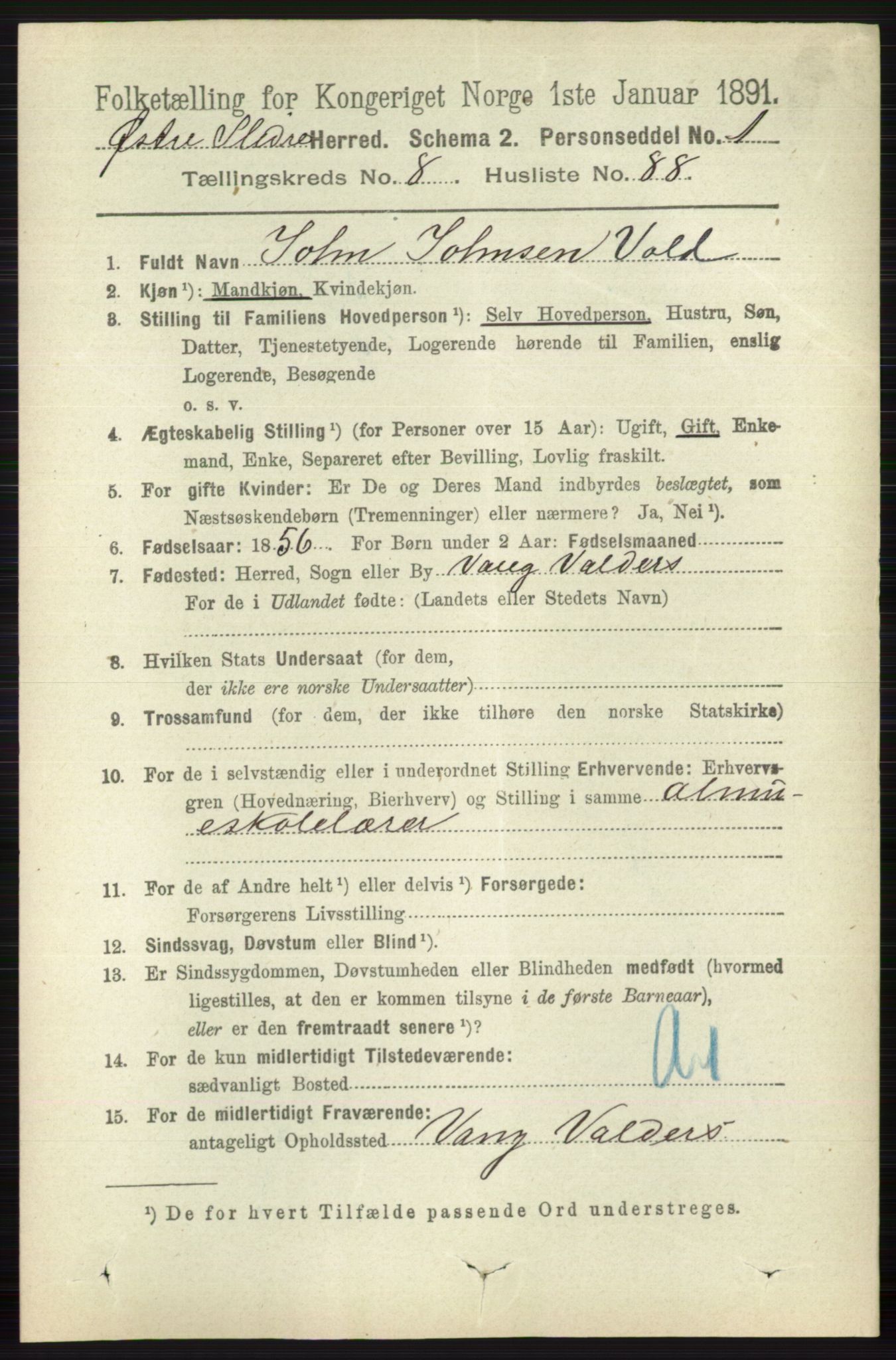 RA, 1891 census for 0544 Øystre Slidre, 1891, p. 3012