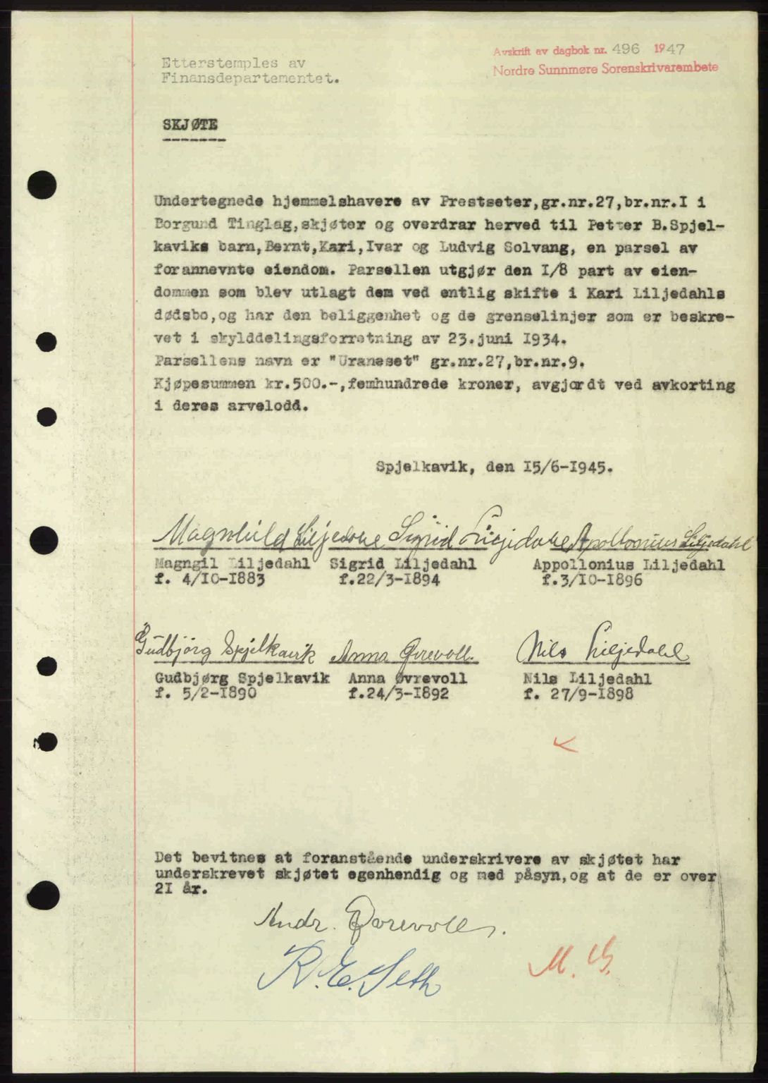 Nordre Sunnmøre sorenskriveri, AV/SAT-A-0006/1/2/2C/2Ca: Mortgage book no. A24, 1947-1947, Diary no: : 496/1947