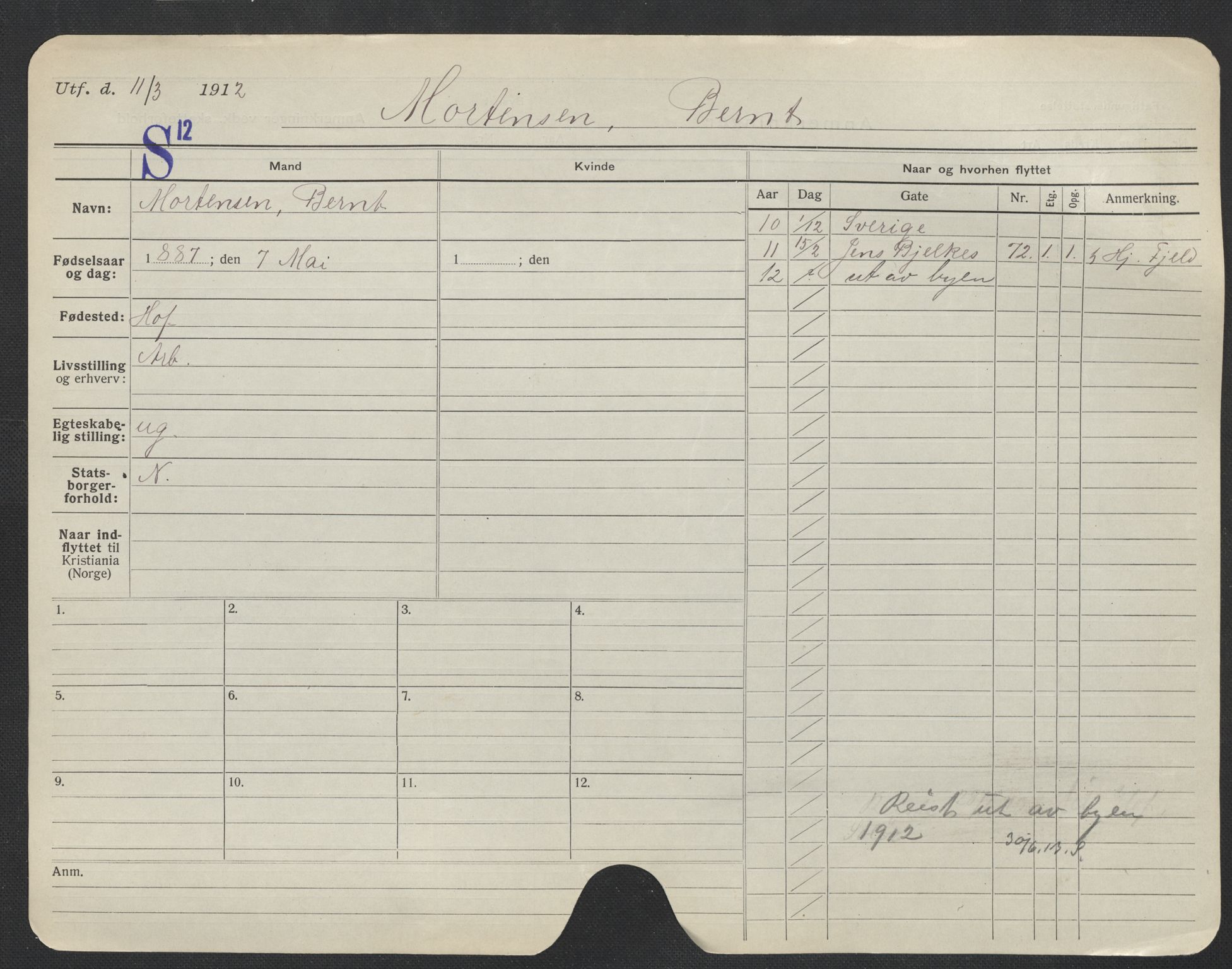 Oslo folkeregister, Registerkort, AV/SAO-A-11715/F/Fa/Fac/L0007: Menn, 1906-1914, p. 877a