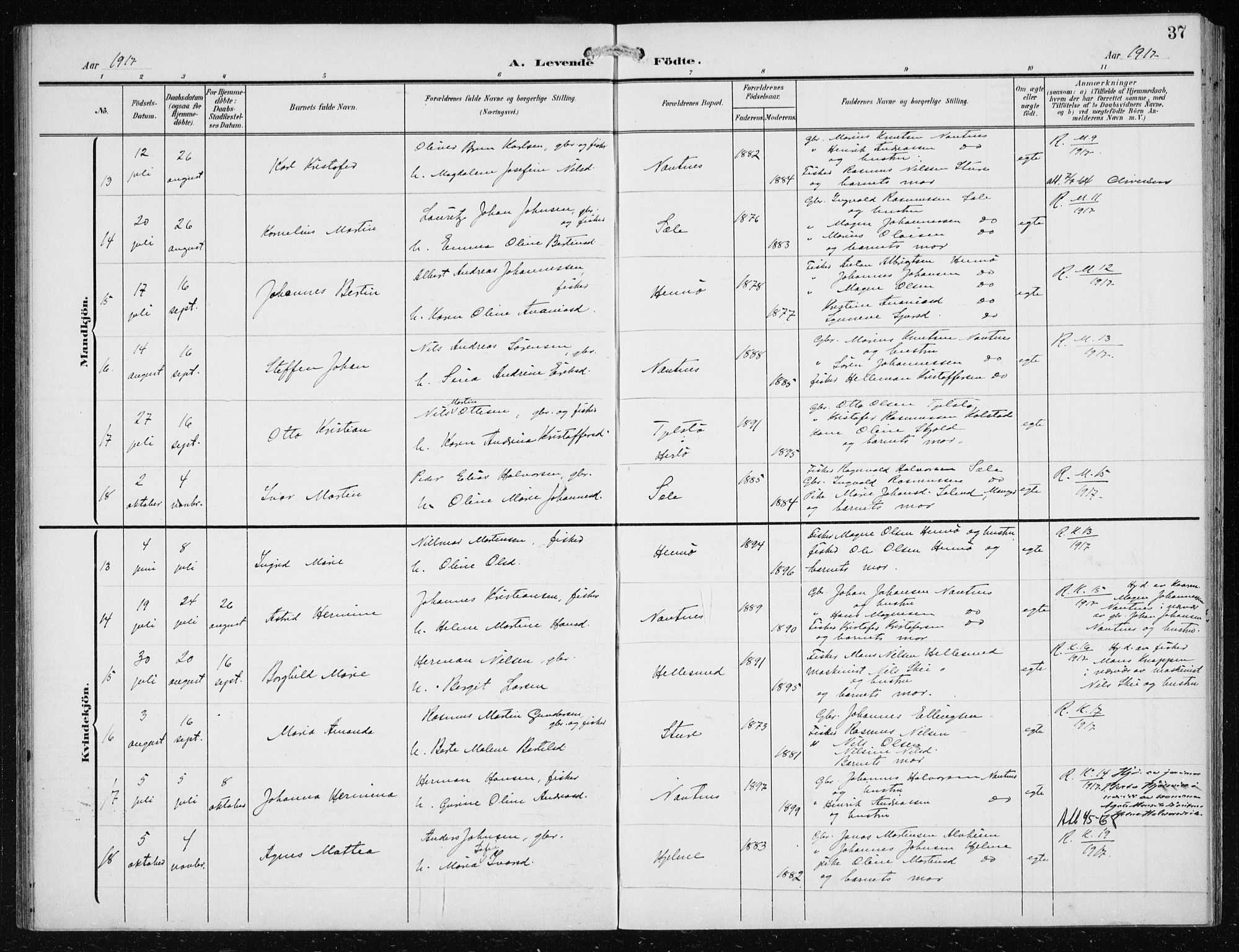 Herdla Sokneprestembete, AV/SAB-A-75701/H/Haa: Parish register (official) no. B 1, 1902-1921, p. 37