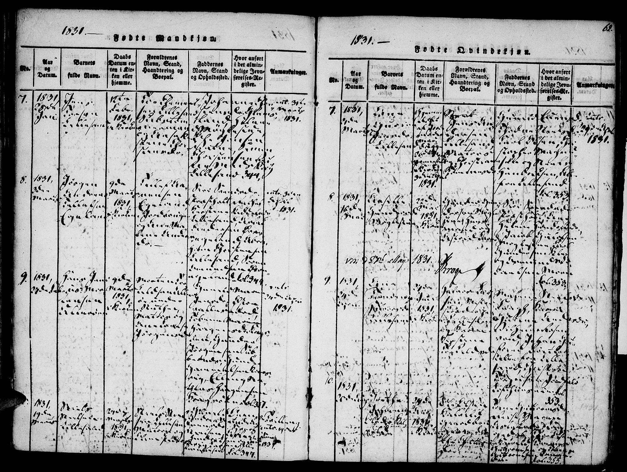 Vestre Moland sokneprestkontor, AV/SAK-1111-0046/F/Fa/Fab/L0003: Parish register (official) no. A 3, 1816-1843, p. 62