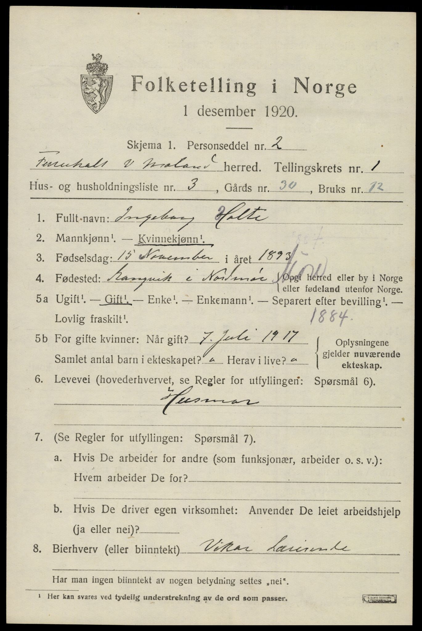 SAK, 1920 census for Vestre Moland, 1920, p. 1061