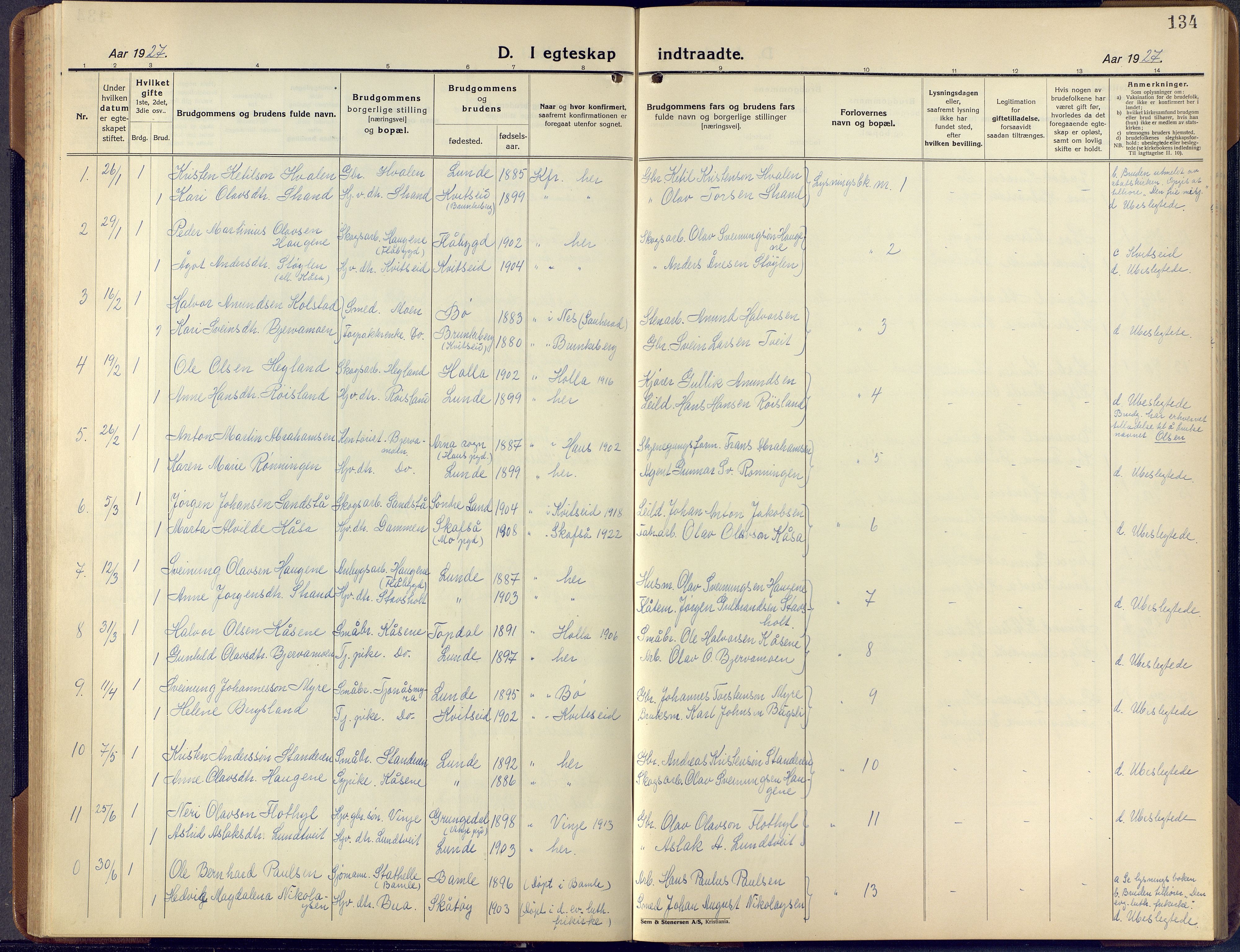 Lunde kirkebøker, SAKO/A-282/F/Fa/L0006: Parish register (official) no. I 6, 1922-1940, p. 134