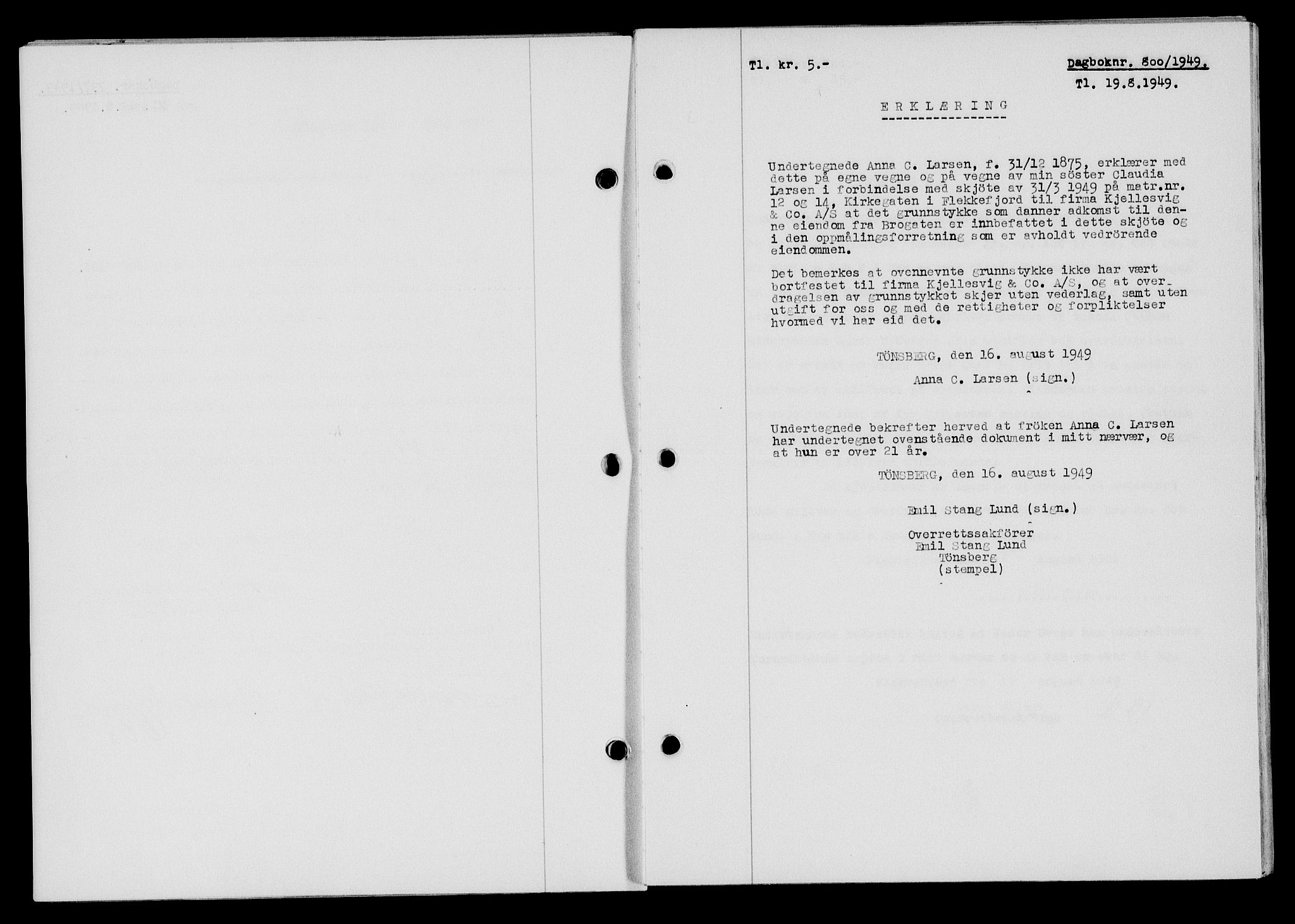 Flekkefjord sorenskriveri, SAK/1221-0001/G/Gb/Gba/L0065: Mortgage book no. A-13, 1949-1949, Diary no: : 800/1949