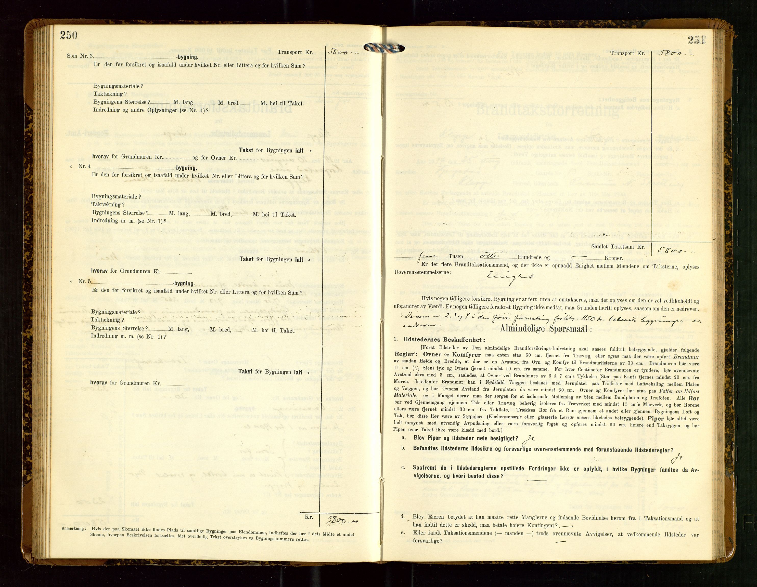 Klepp lensmannskontor, AV/SAST-A-100163/Goc/L0007: "Brandtaxationsprotokol" m/register, 1911-1915, p. 250-251