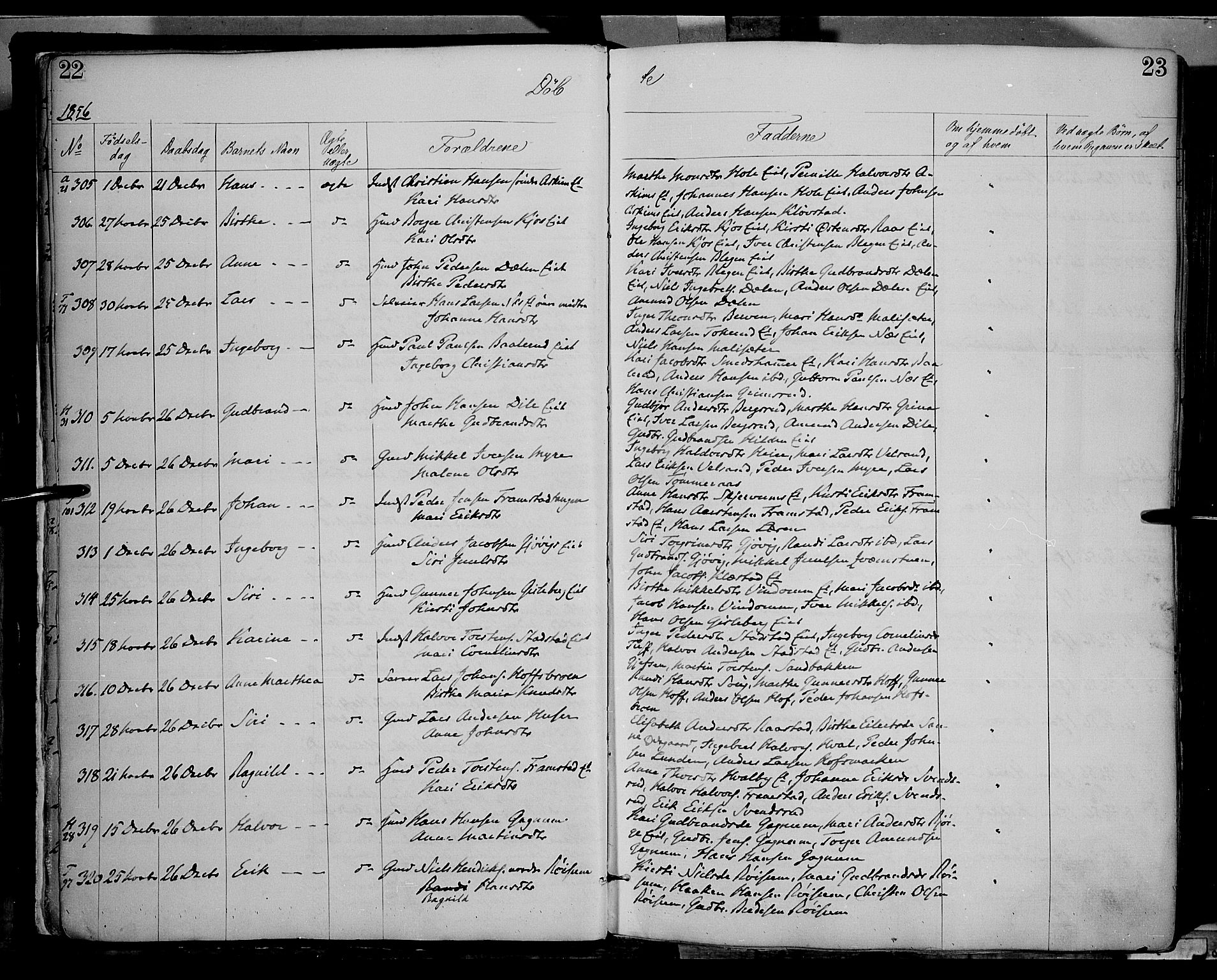 Gran prestekontor, SAH/PREST-112/H/Ha/Haa/L0012: Parish register (official) no. 12, 1856-1874, p. 22-23