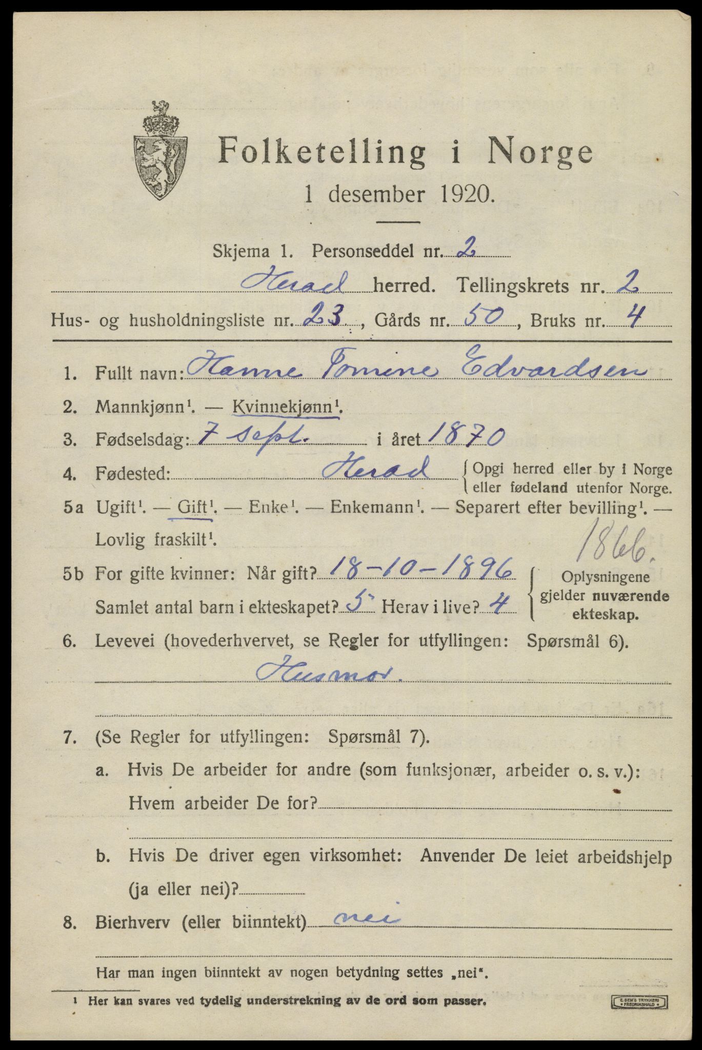 SAK, 1920 census for Herad, 1920, p. 1284