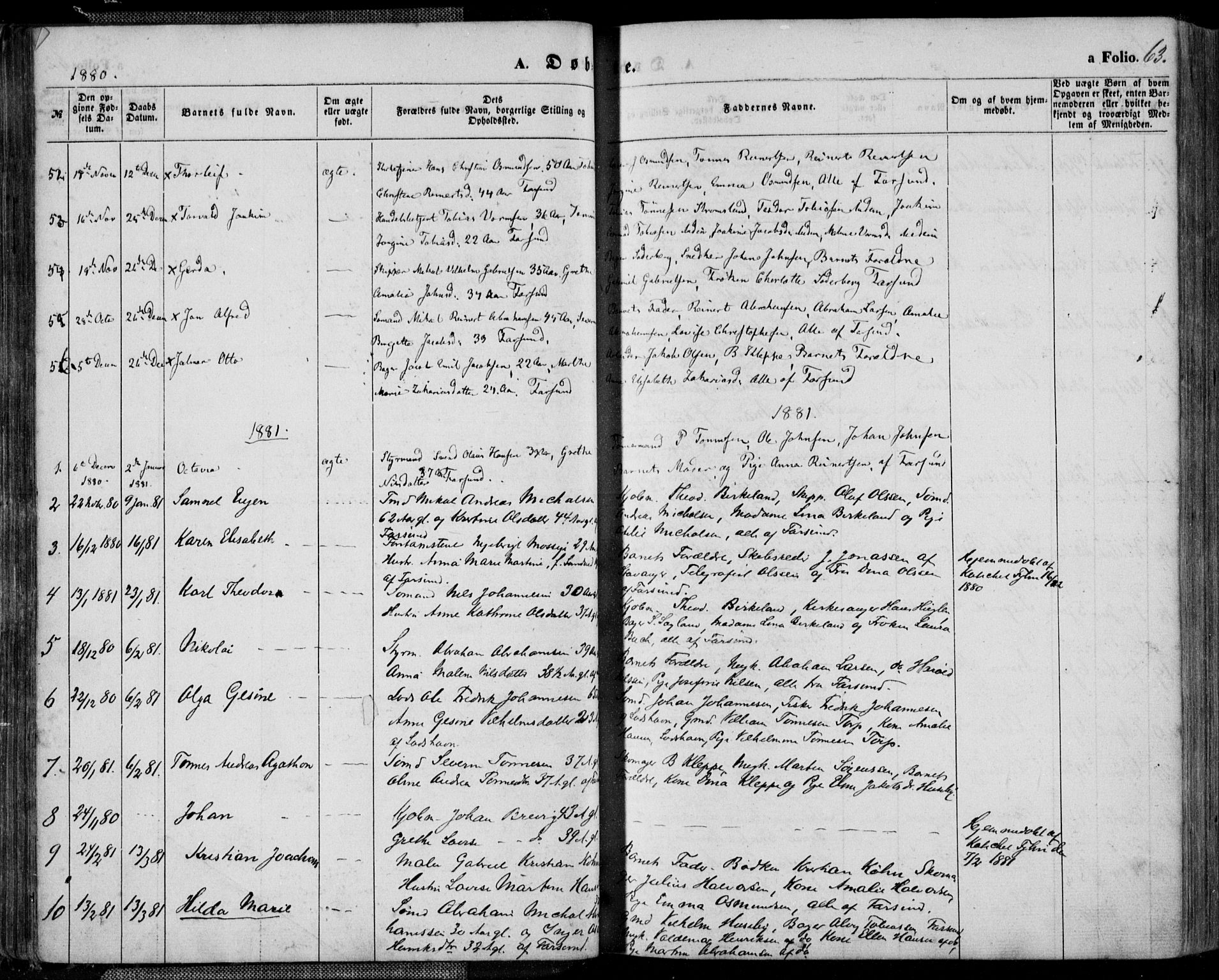 Farsund sokneprestkontor, AV/SAK-1111-0009/F/Fa/L0005: Parish register (official) no. A 5, 1863-1886, p. 63