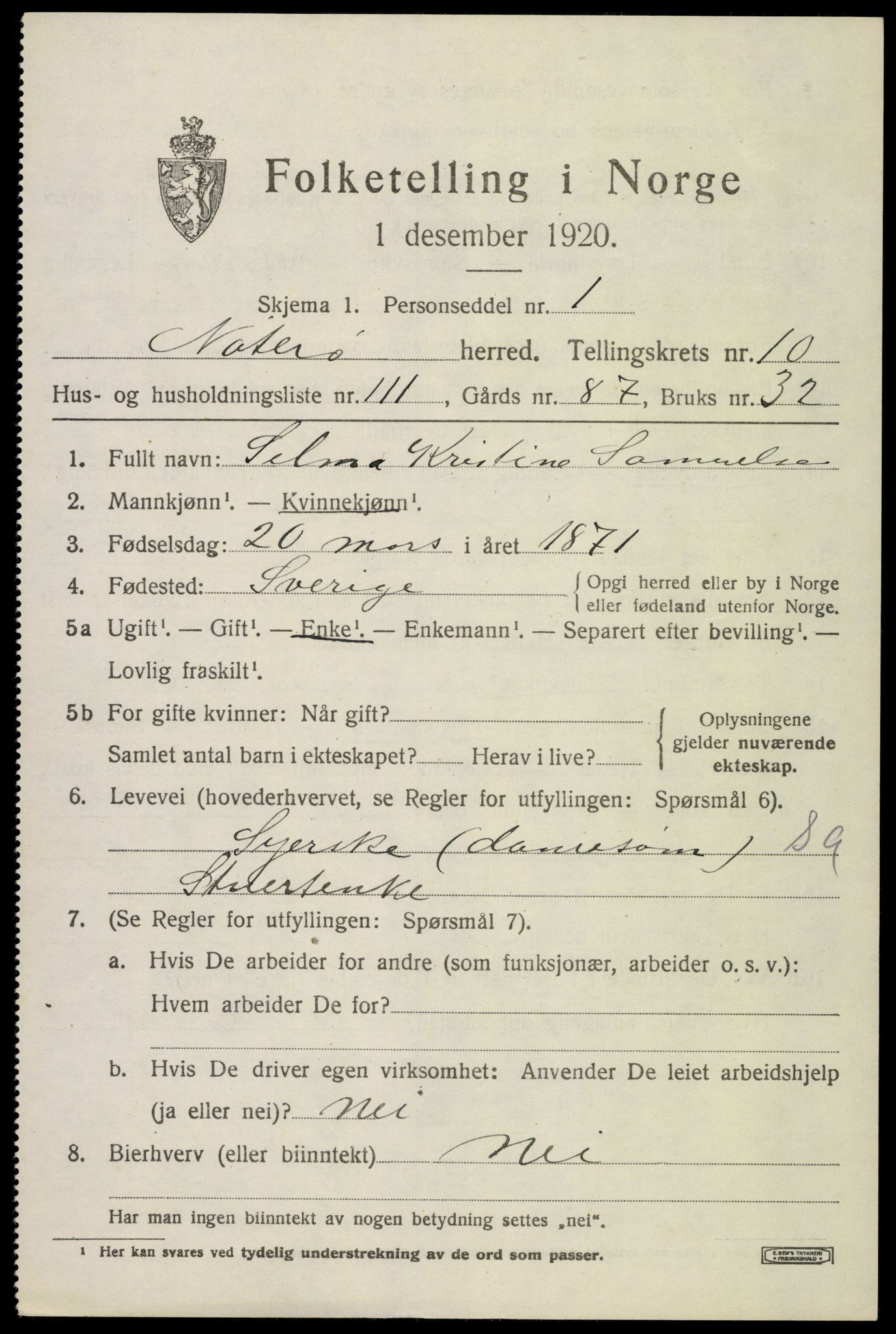 SAKO, 1920 census for Nøtterøy, 1920, p. 13503