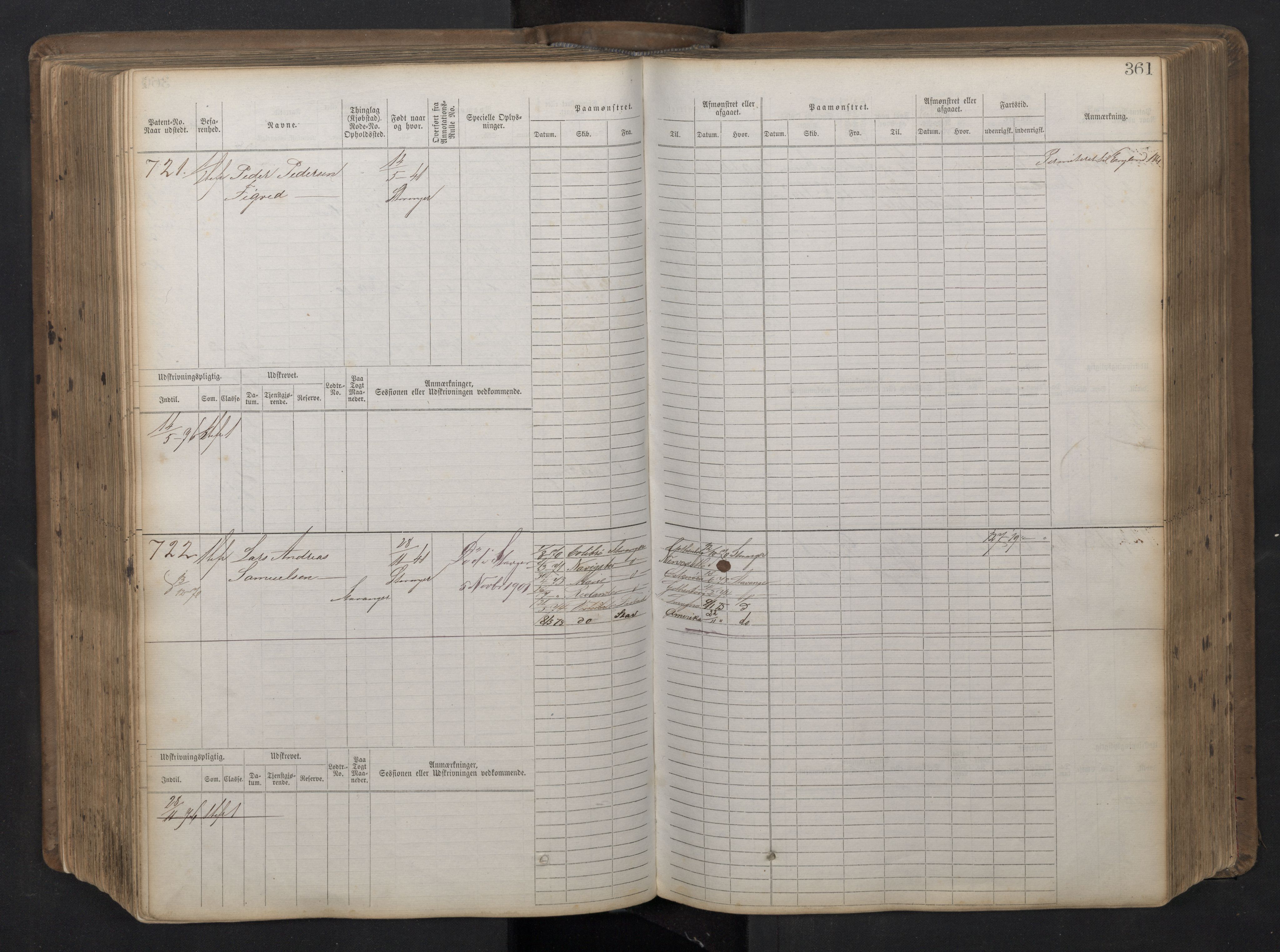 Stavanger sjømannskontor, AV/SAST-A-102006/F/Fb/Fbb/L0016: Sjøfartshovedrulle patnentnr. 1-1202 (dublett), 1869, p. 361