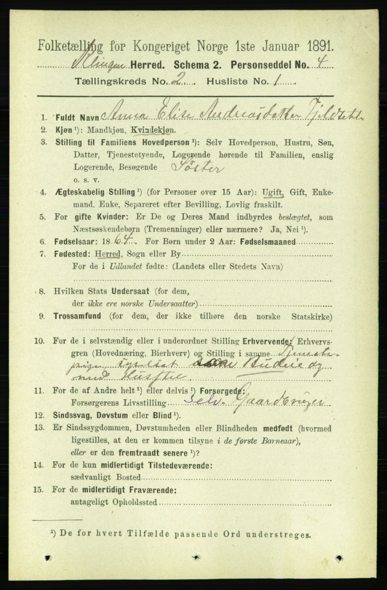 RA, 1891 census for 1746 Klinga, 1891, p. 499