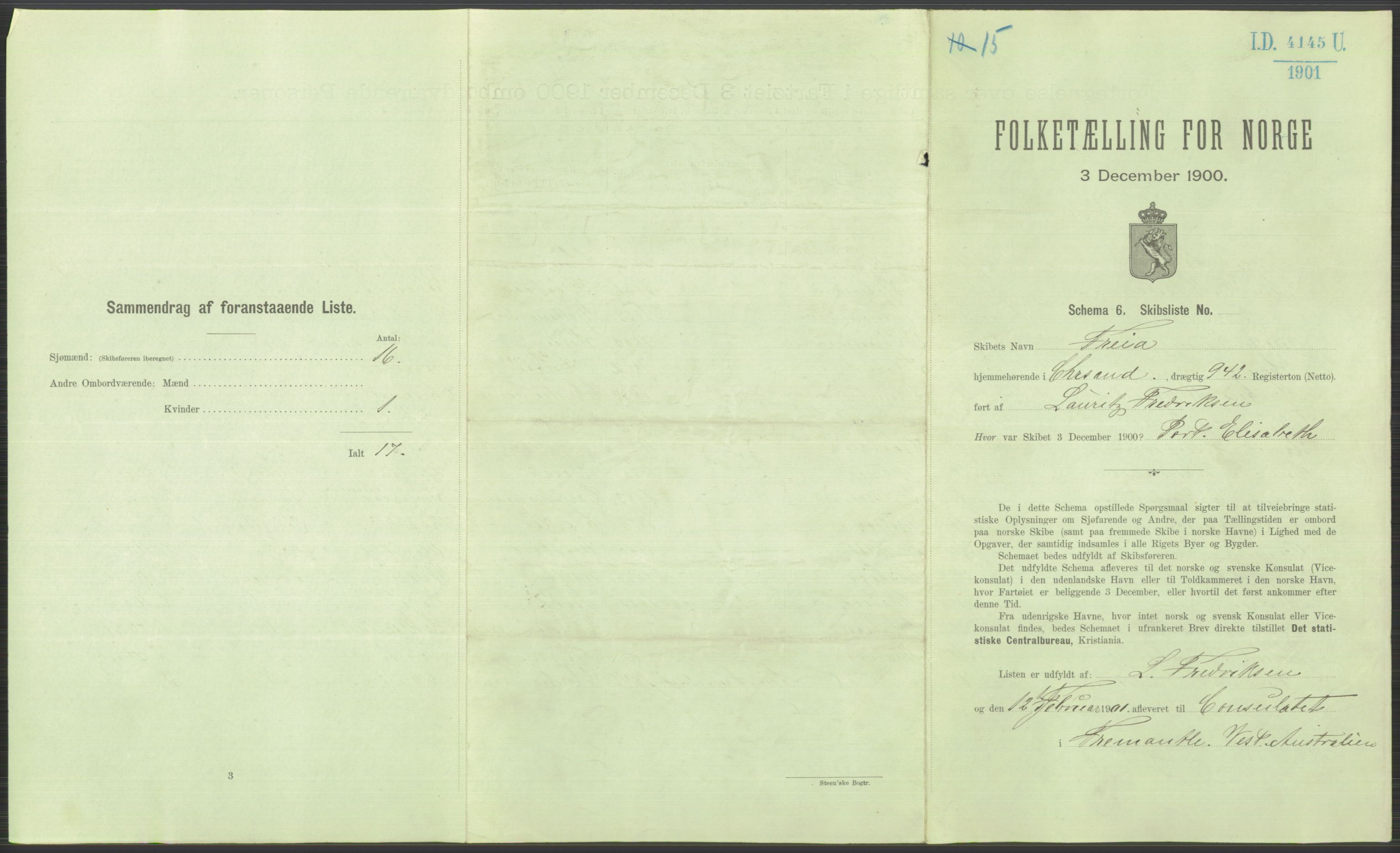 RA, 1900 Census - ship lists from ships in Norwegian harbours, harbours abroad and at sea, 1900, p. 5055