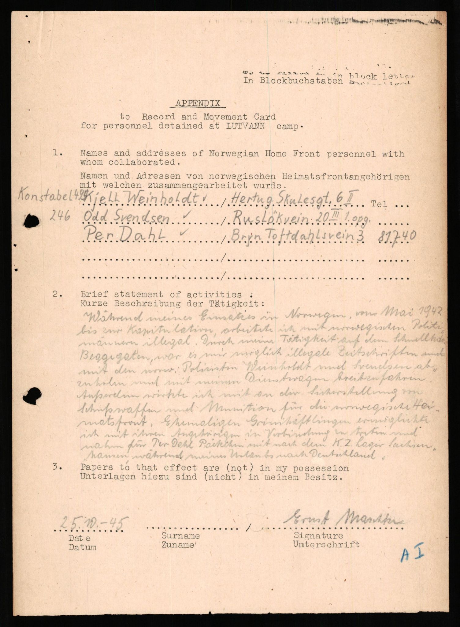 Forsvaret, Forsvarets overkommando II, AV/RA-RAFA-3915/D/Db/L0021: CI Questionaires. Tyske okkupasjonsstyrker i Norge. Tyskere., 1945-1946, p. 195