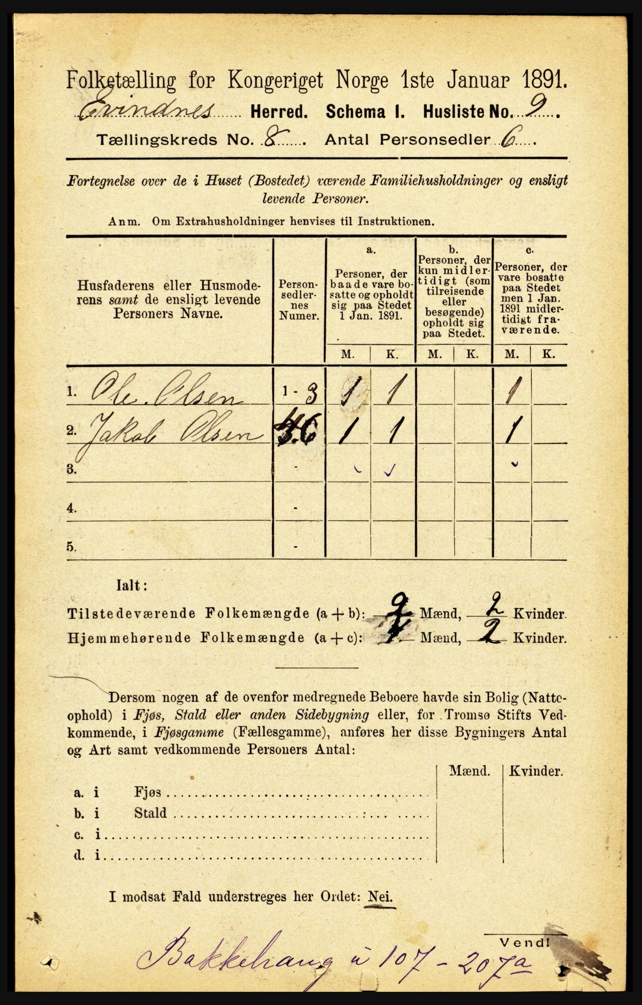 RA, 1891 census for 1853 Evenes, 1891, p. 2482