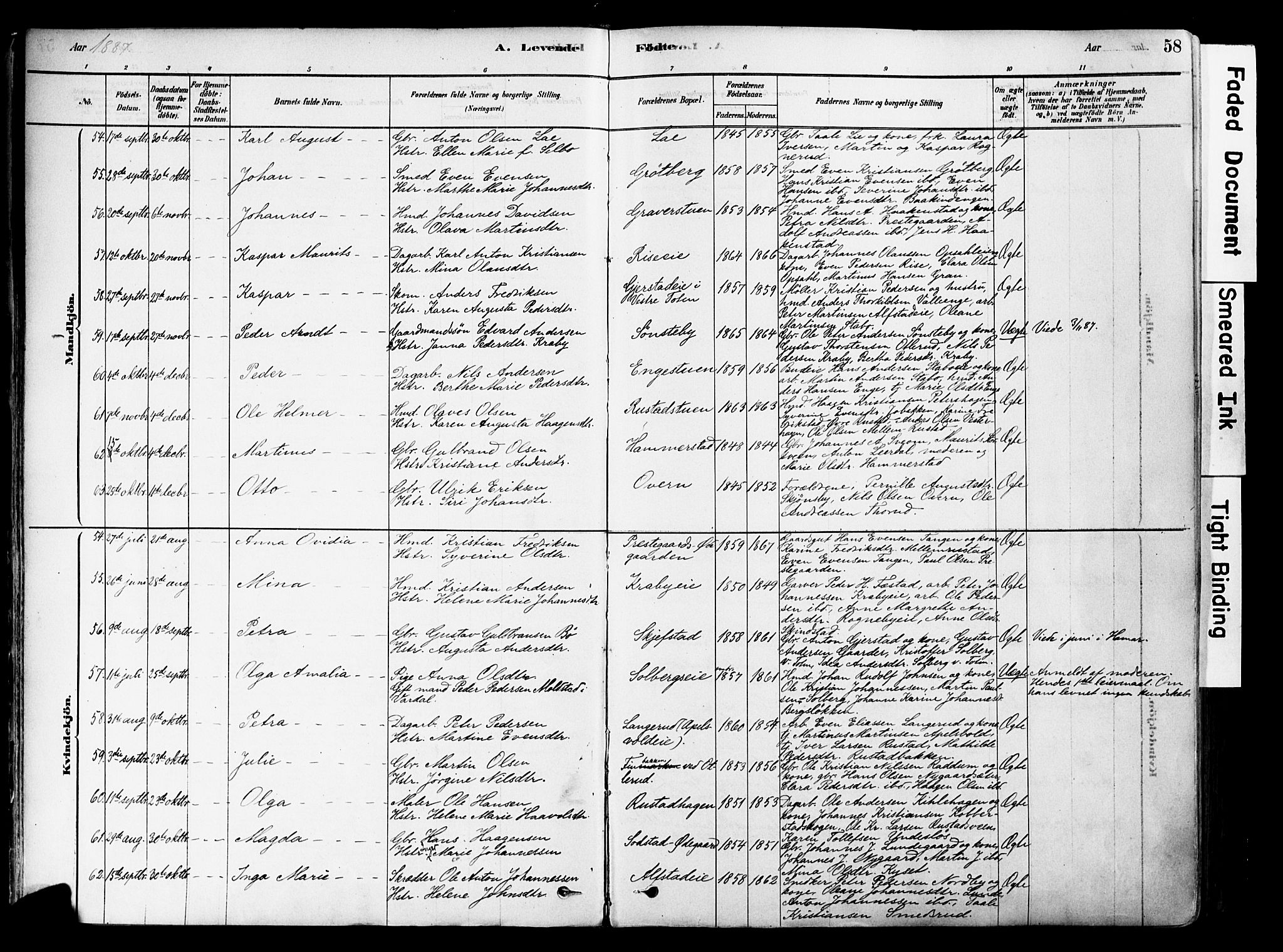 Østre Toten prestekontor, AV/SAH-PREST-104/H/Ha/Haa/L0006: Parish register (official) no. 6 /1, 1878-1896, p. 58