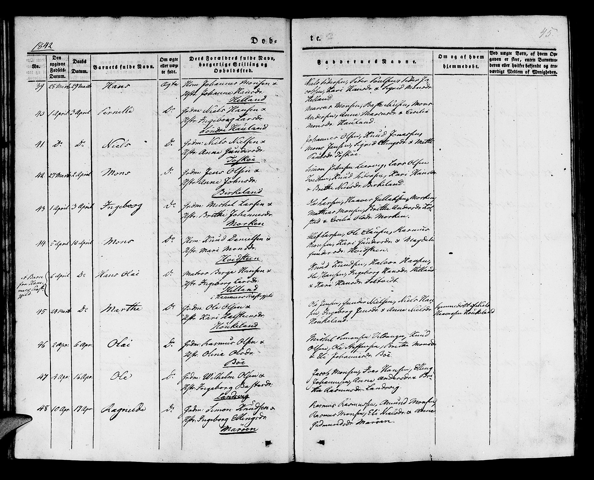 Manger sokneprestembete, SAB/A-76801/H/Haa: Parish register (official) no. A 5, 1839-1848, p. 45