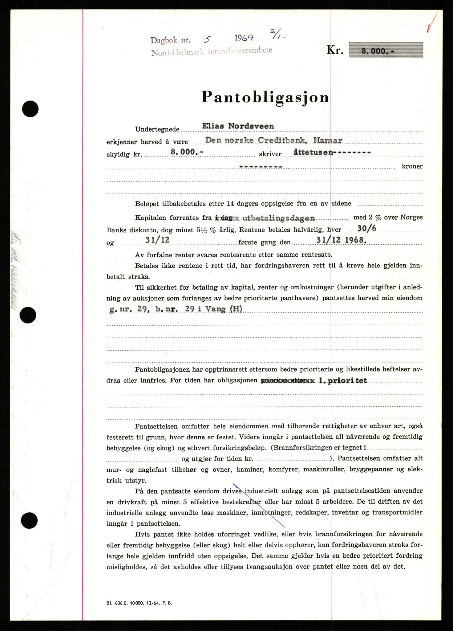 Nord-Hedmark sorenskriveri, SAH/TING-012/H/Hb/Hbf/L0077: Mortgage book no. B77, 1968-1969, Diary no: : 5/1969