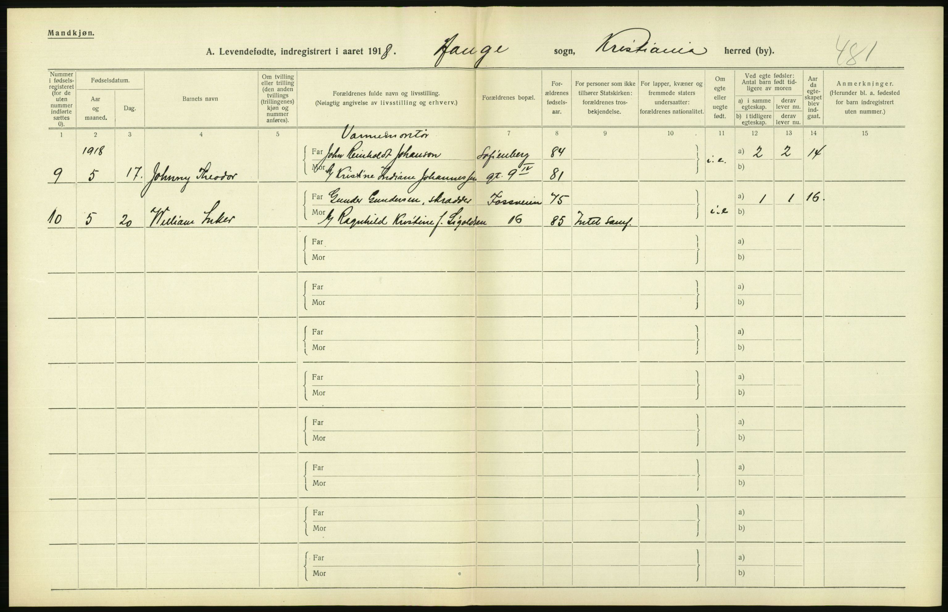 Statistisk sentralbyrå, Sosiodemografiske emner, Befolkning, AV/RA-S-2228/D/Df/Dfb/Dfbh/L0008: Kristiania: Levendefødte menn og kvinner., 1918, p. 662