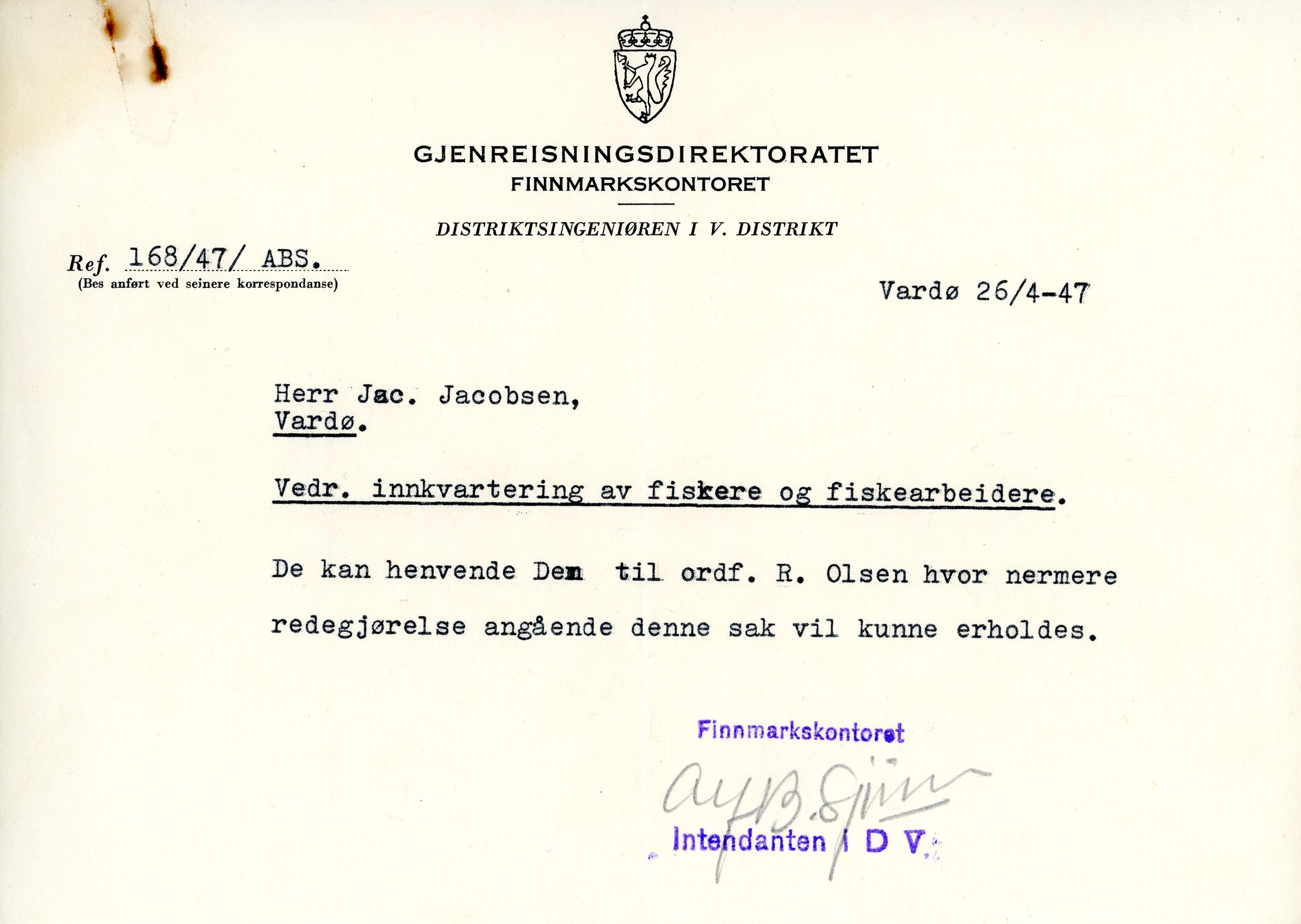 Vardø Fiskersamvirkelag, VAMU/A-0037/D/Da/L0001: Korrespondanse Ab-Eg, 1946-1950