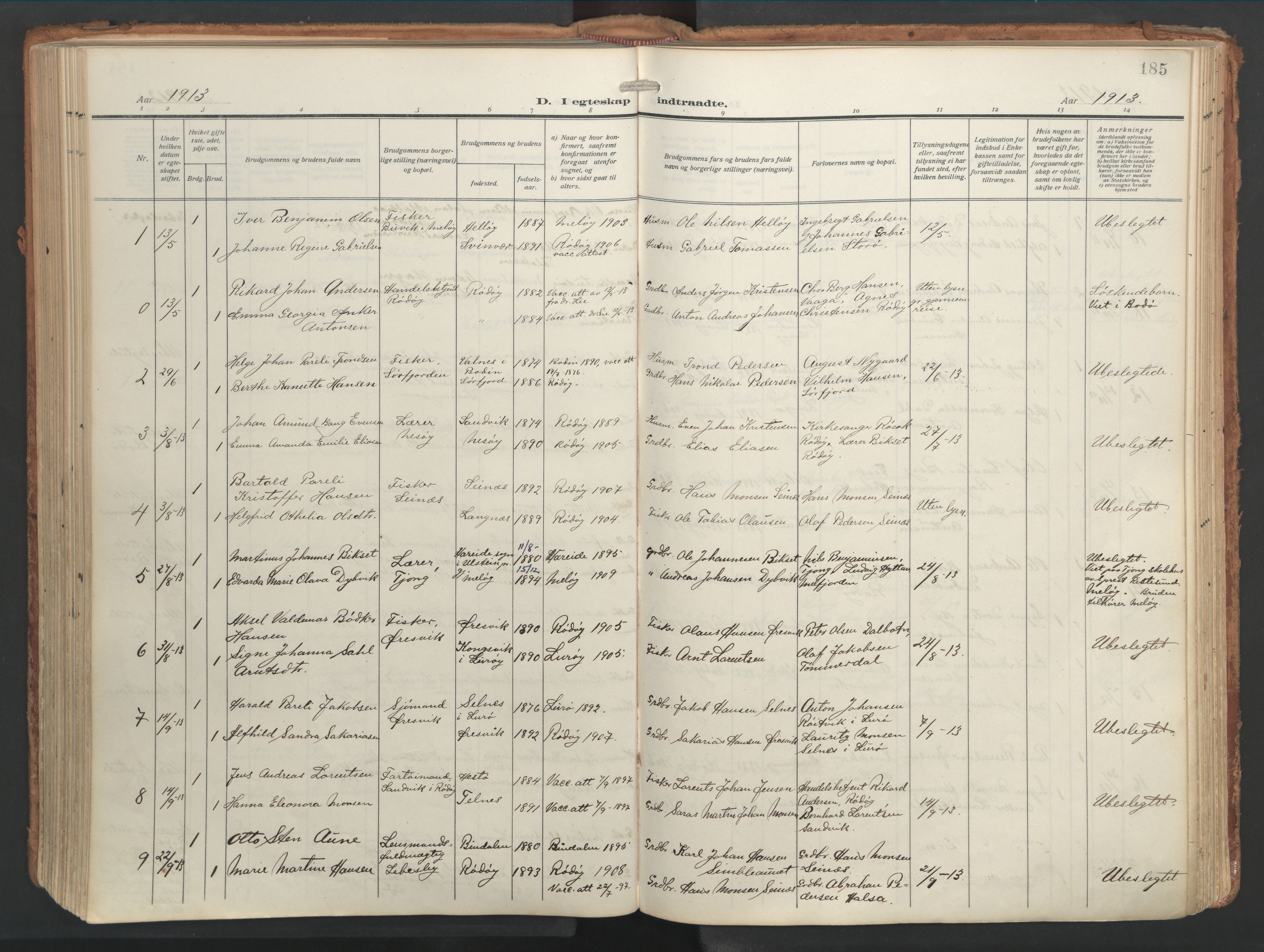 Ministerialprotokoller, klokkerbøker og fødselsregistre - Nordland, SAT/A-1459/841/L0614: Parish register (official) no. 841A17, 1911-1925, p. 185