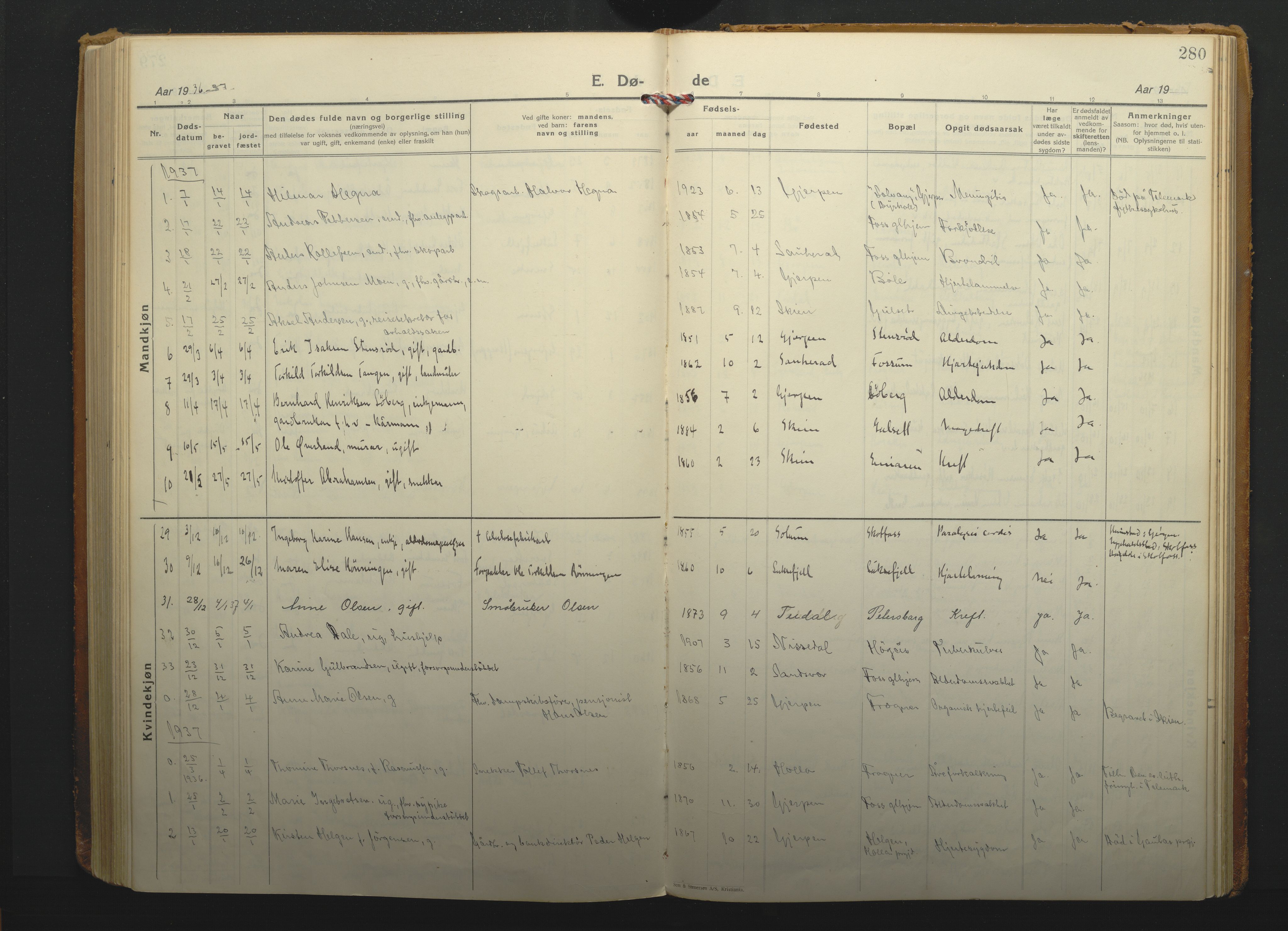Gjerpen kirkebøker, SAKO/A-265/F/Fa/L0014: Parish register (official) no. I 14, 1925-1938, p. 280