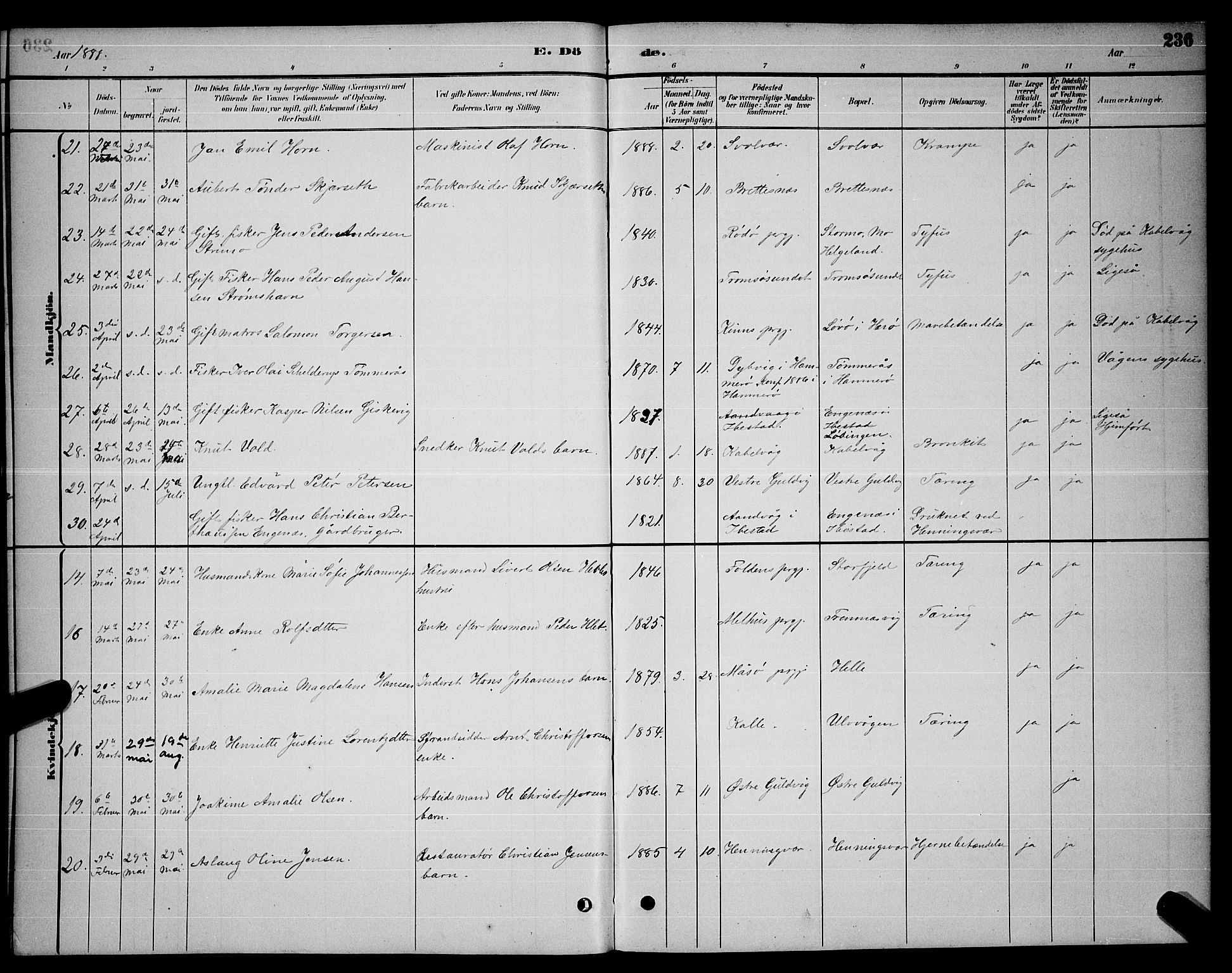 Ministerialprotokoller, klokkerbøker og fødselsregistre - Nordland, AV/SAT-A-1459/874/L1076: Parish register (copy) no. 874C05, 1884-1890, p. 236