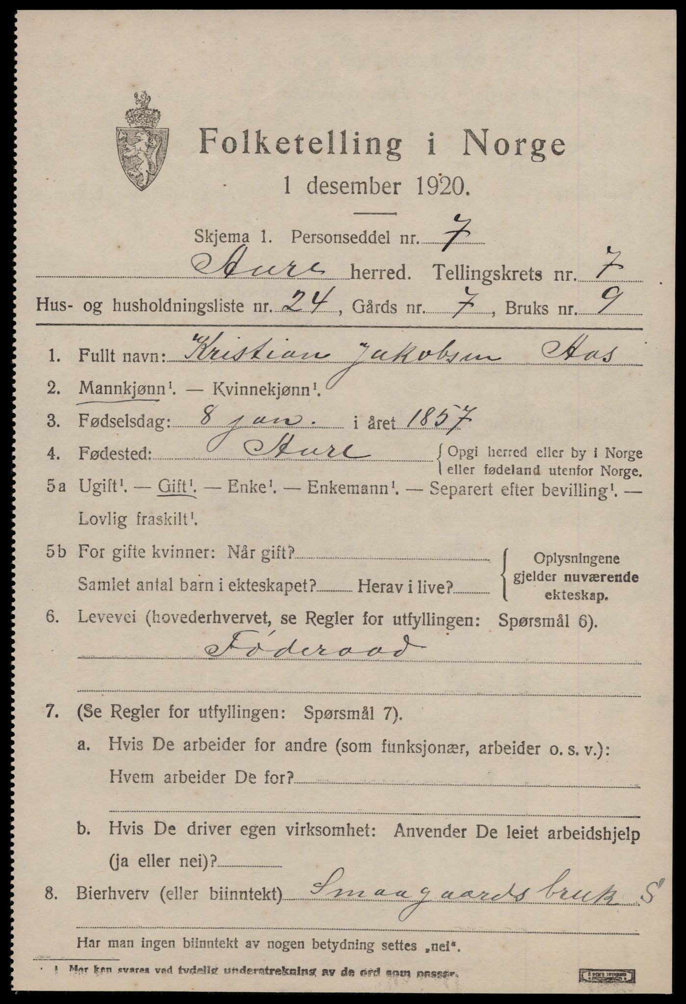 SAT, 1920 census for Aure, 1920, p. 3126