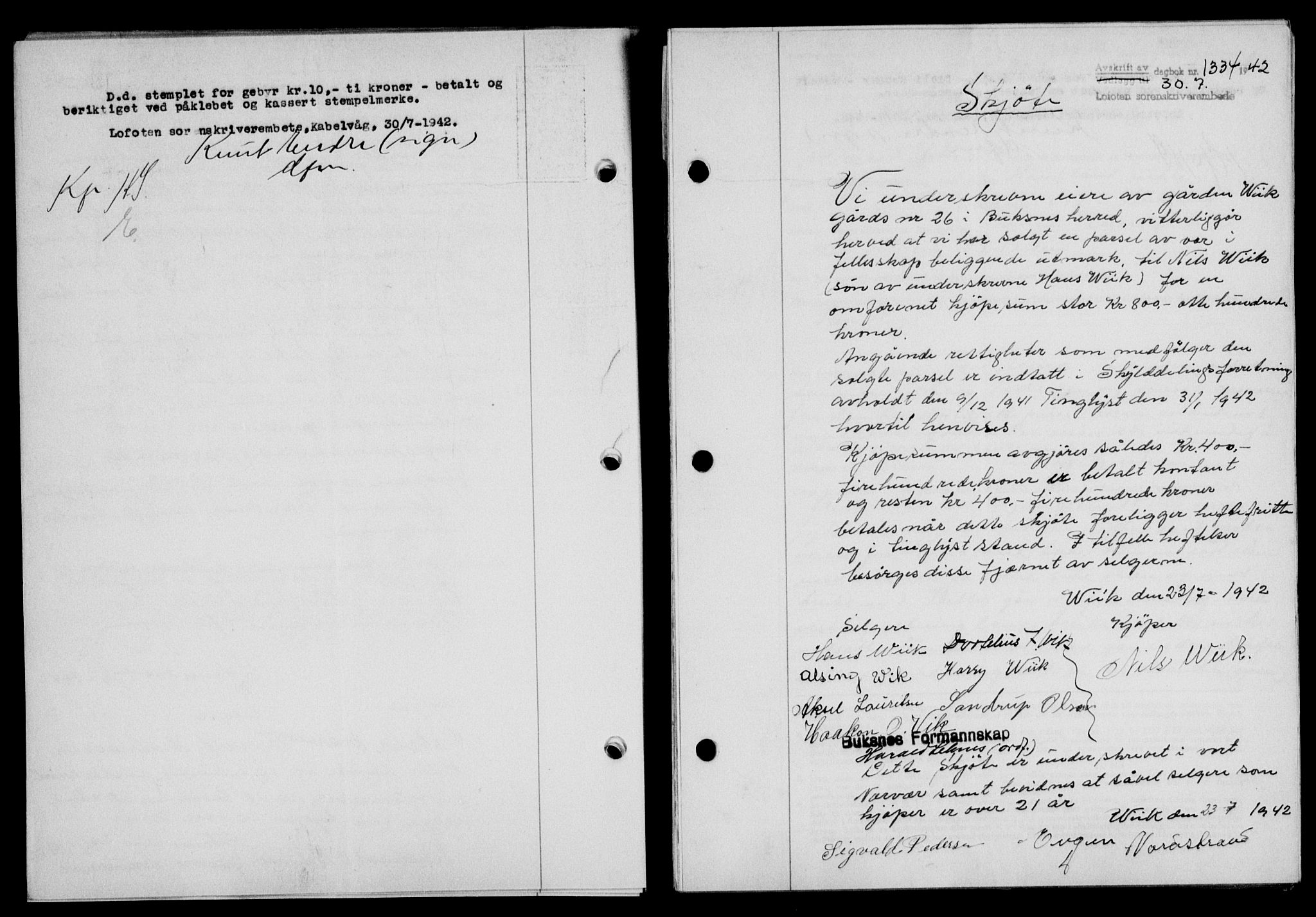 Lofoten sorenskriveri, SAT/A-0017/1/2/2C/L0010a: Mortgage book no. 10a, 1942-1943, Diary no: : 1334/1942