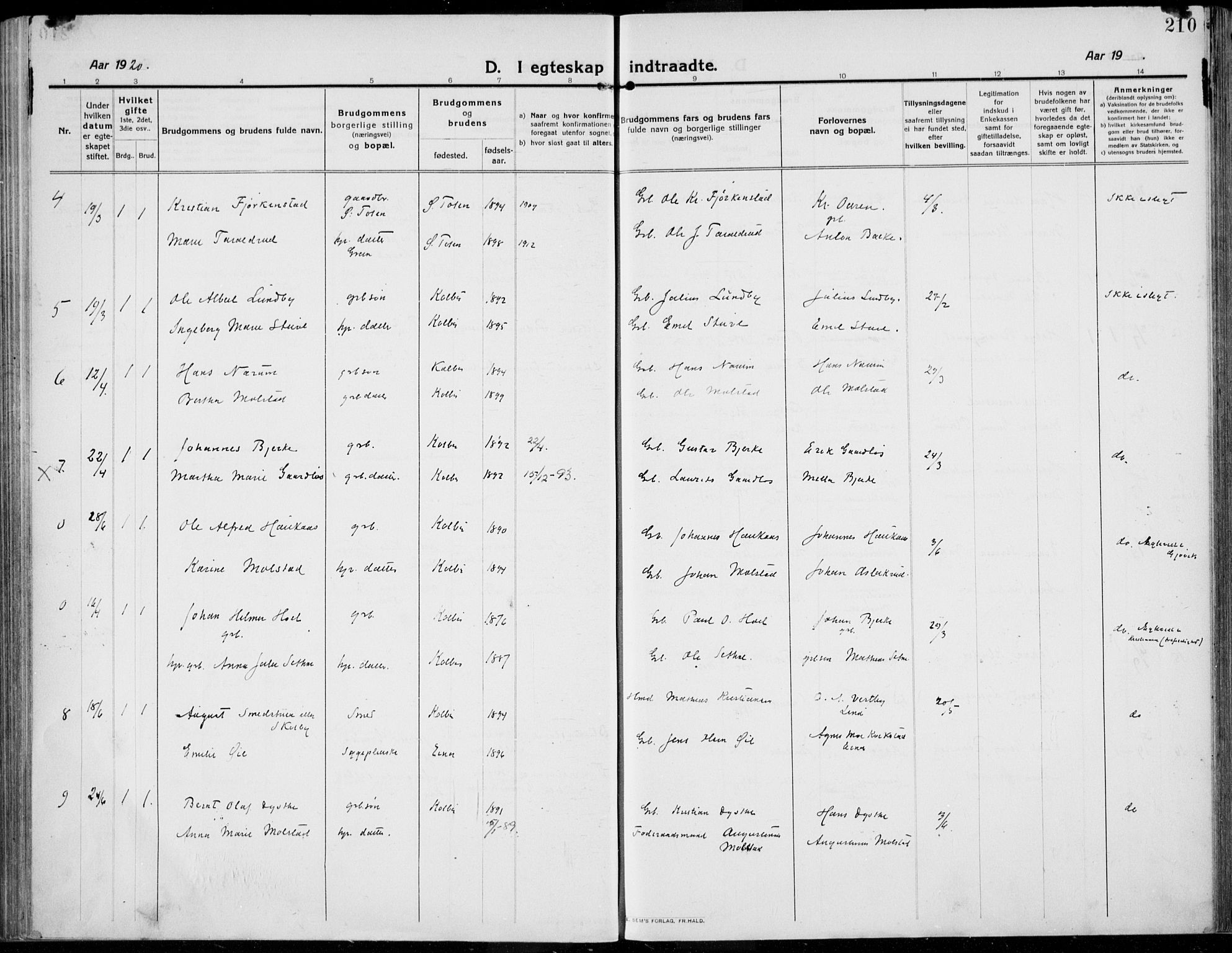 Kolbu prestekontor, SAH/PREST-110/H/Ha/Haa/L0002: Parish register (official) no. 2, 1912-1926, p. 210