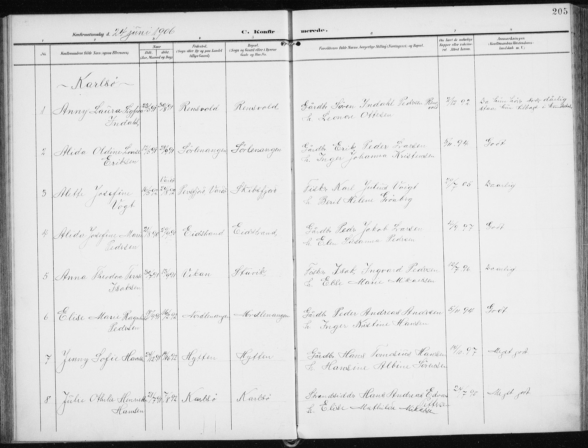 Karlsøy sokneprestembete, SATØ/S-1299/H/Ha/Haa/L0014kirke: Parish register (official) no. 14, 1903-1917, p. 205