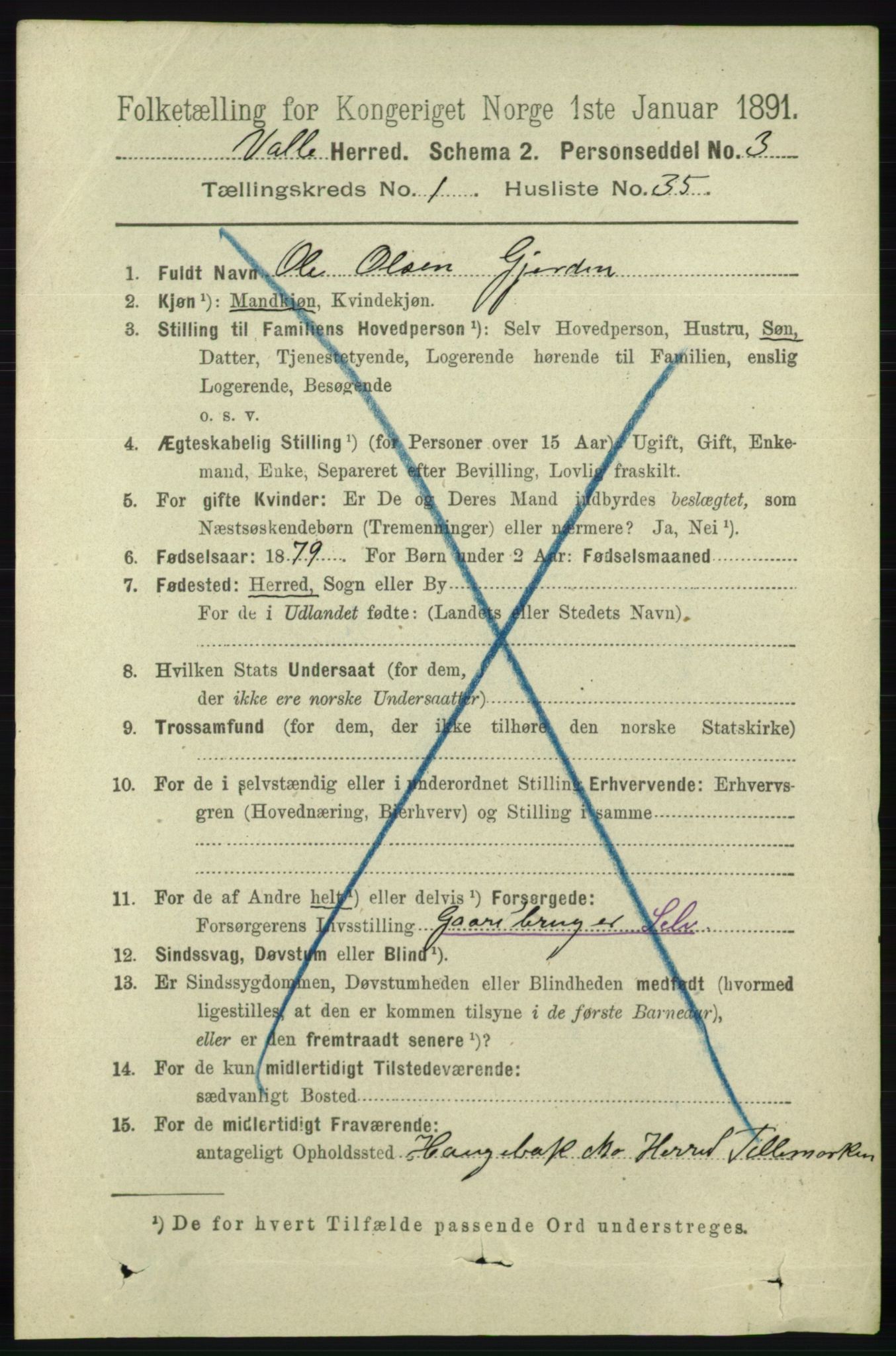 RA, 1891 census for 0940 Valle, 1891, p. 316