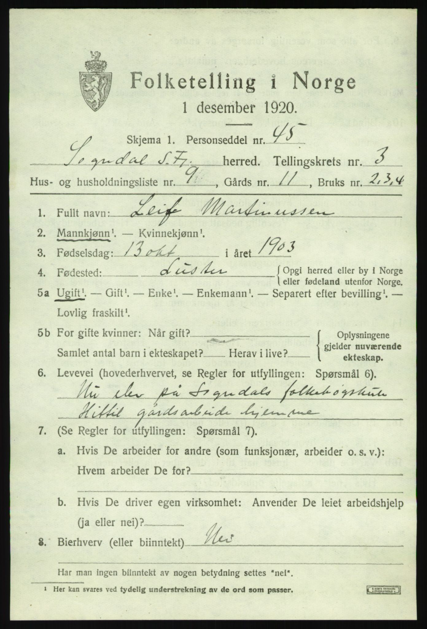 SAB, 1920 census for Sogndal, 1920, p. 2289