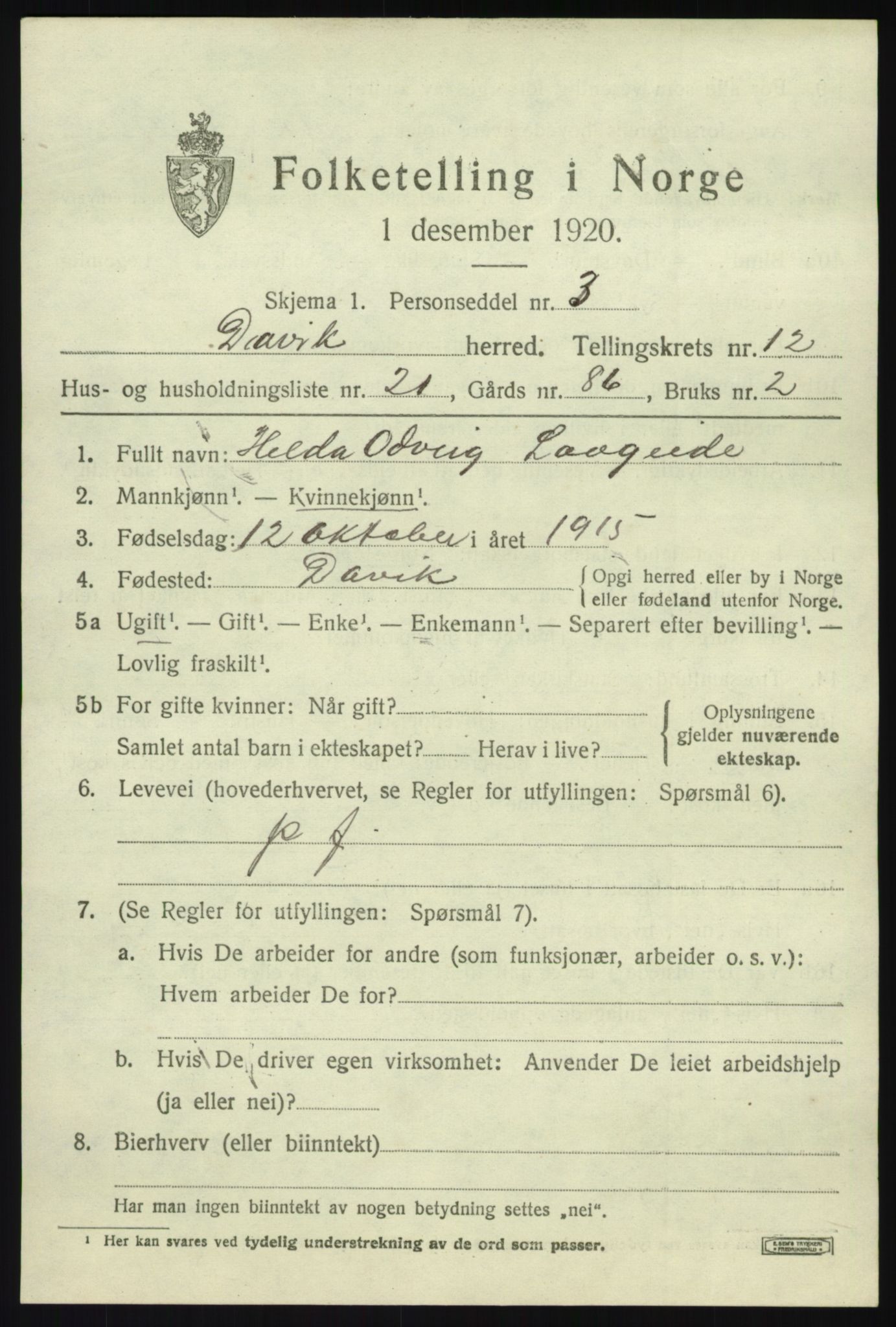 SAB, 1920 census for Davik, 1920, p. 6063