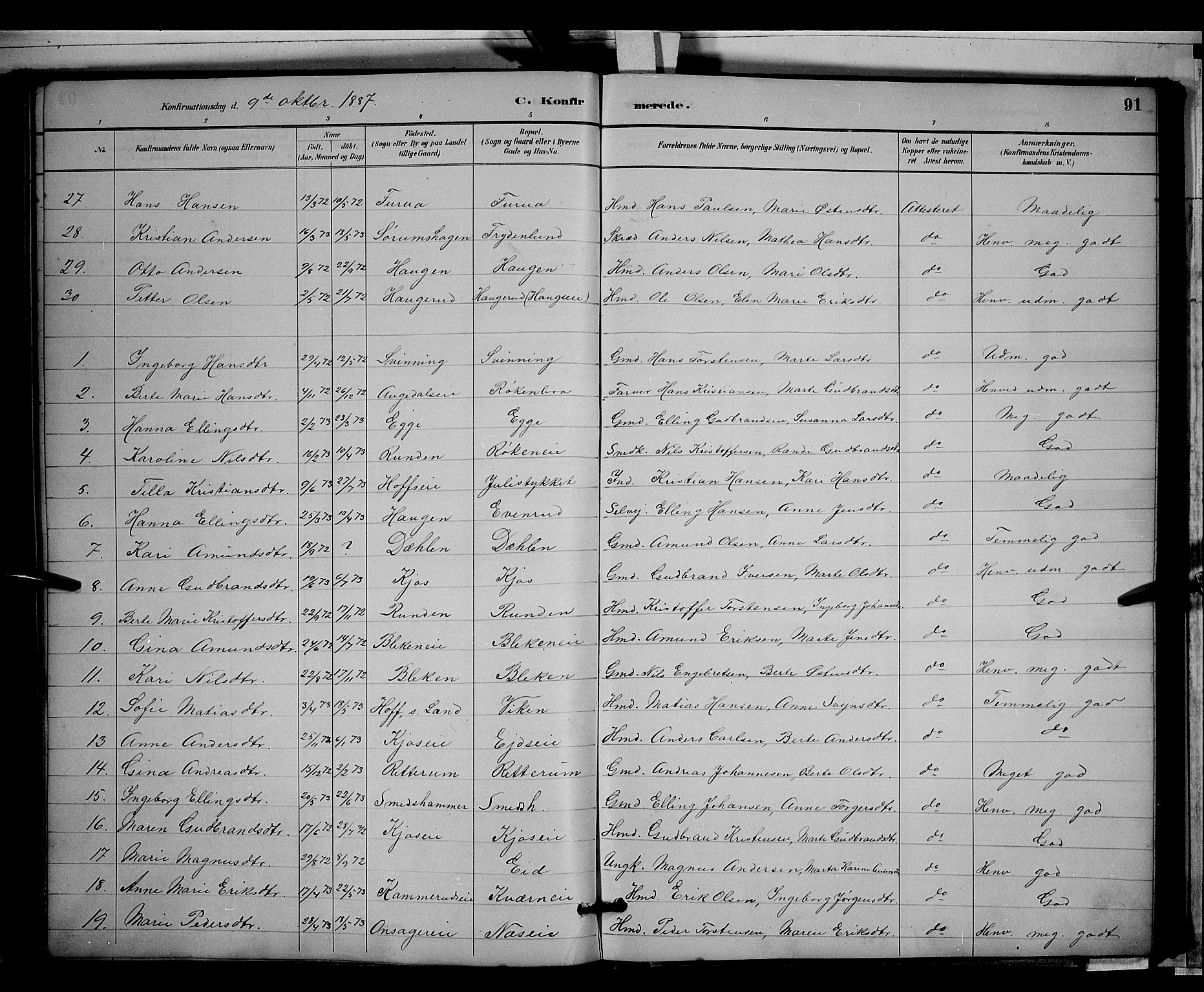 Gran prestekontor, SAH/PREST-112/H/Ha/Hab/L0003: Parish register (copy) no. 3, 1882-1890, p. 91