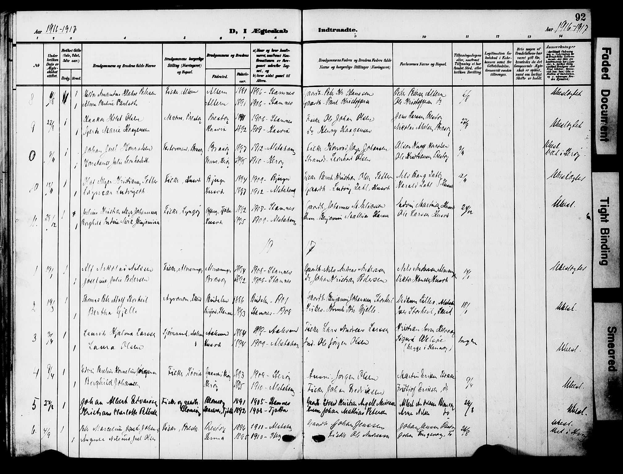 Ministerialprotokoller, klokkerbøker og fødselsregistre - Nordland, AV/SAT-A-1459/830/L0464: Parish register (copy) no. 830C06, 1906-1925, p. 92