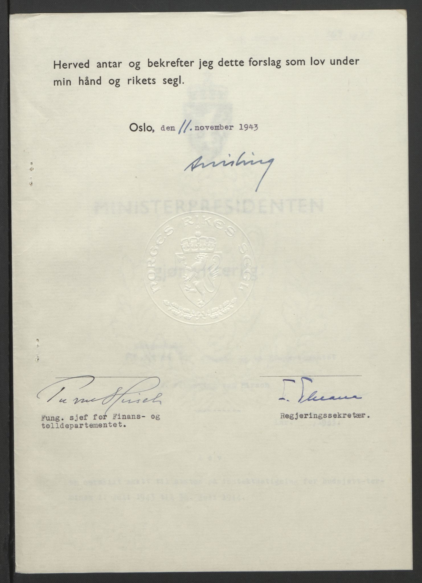 NS-administrasjonen 1940-1945 (Statsrådsekretariatet, de kommisariske statsråder mm), RA/S-4279/D/Db/L0099: Lover, 1943, p. 726