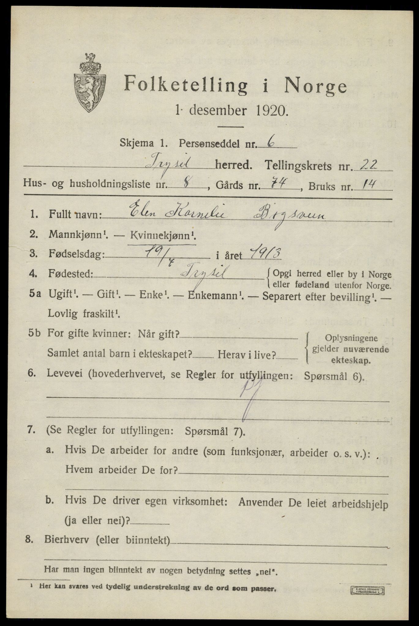 SAH, 1920 census for Trysil, 1920, p. 14655