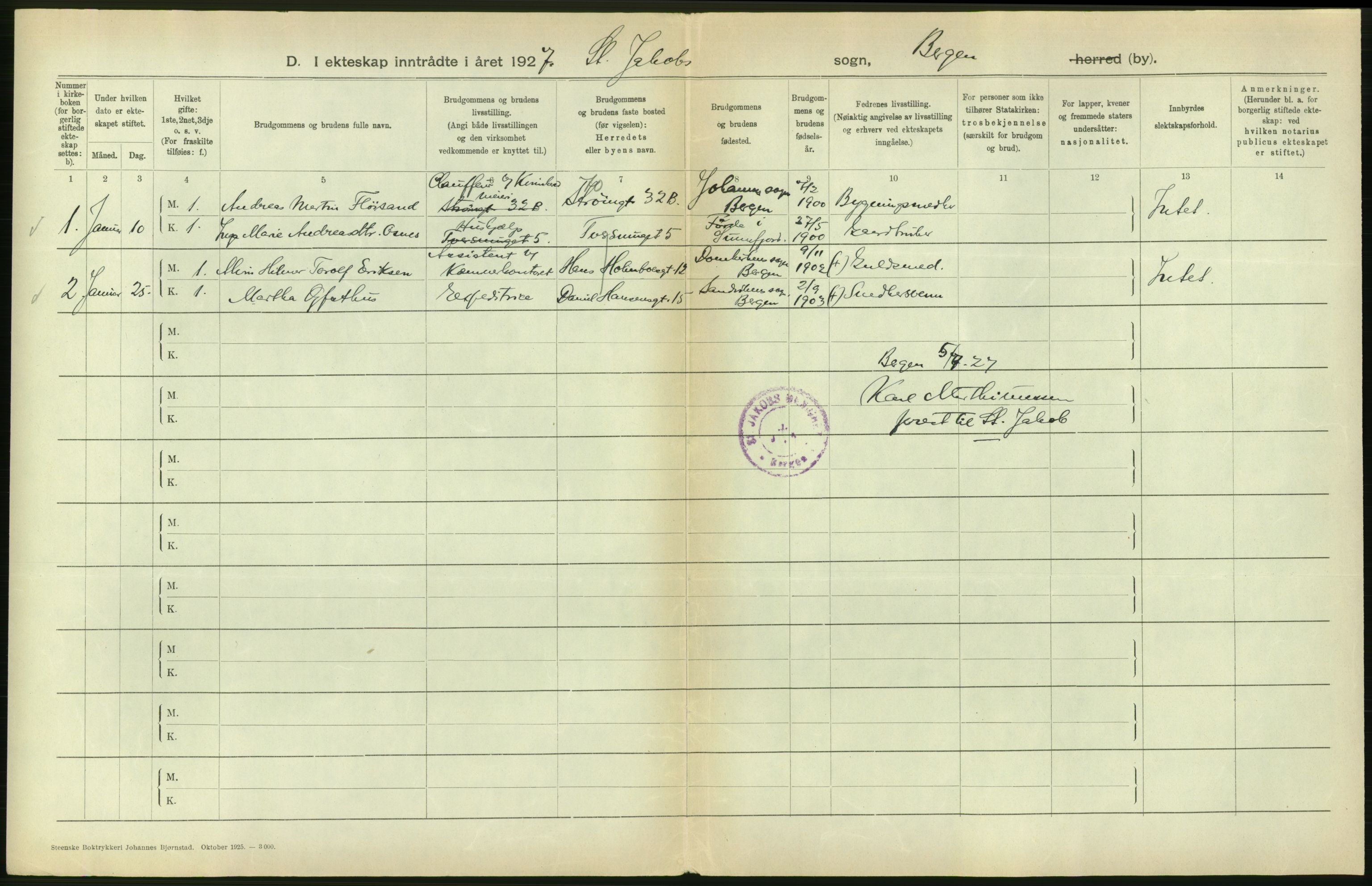 Statistisk sentralbyrå, Sosiodemografiske emner, Befolkning, AV/RA-S-2228/D/Df/Dfc/Dfcg/L0028: Bergen: Gifte, døde., 1927, p. 272