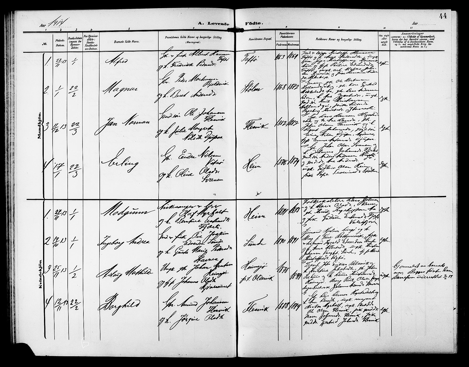 Ministerialprotokoller, klokkerbøker og fødselsregistre - Sør-Trøndelag, SAT/A-1456/633/L0520: Parish register (copy) no. 633C02, 1906-1921, p. 44