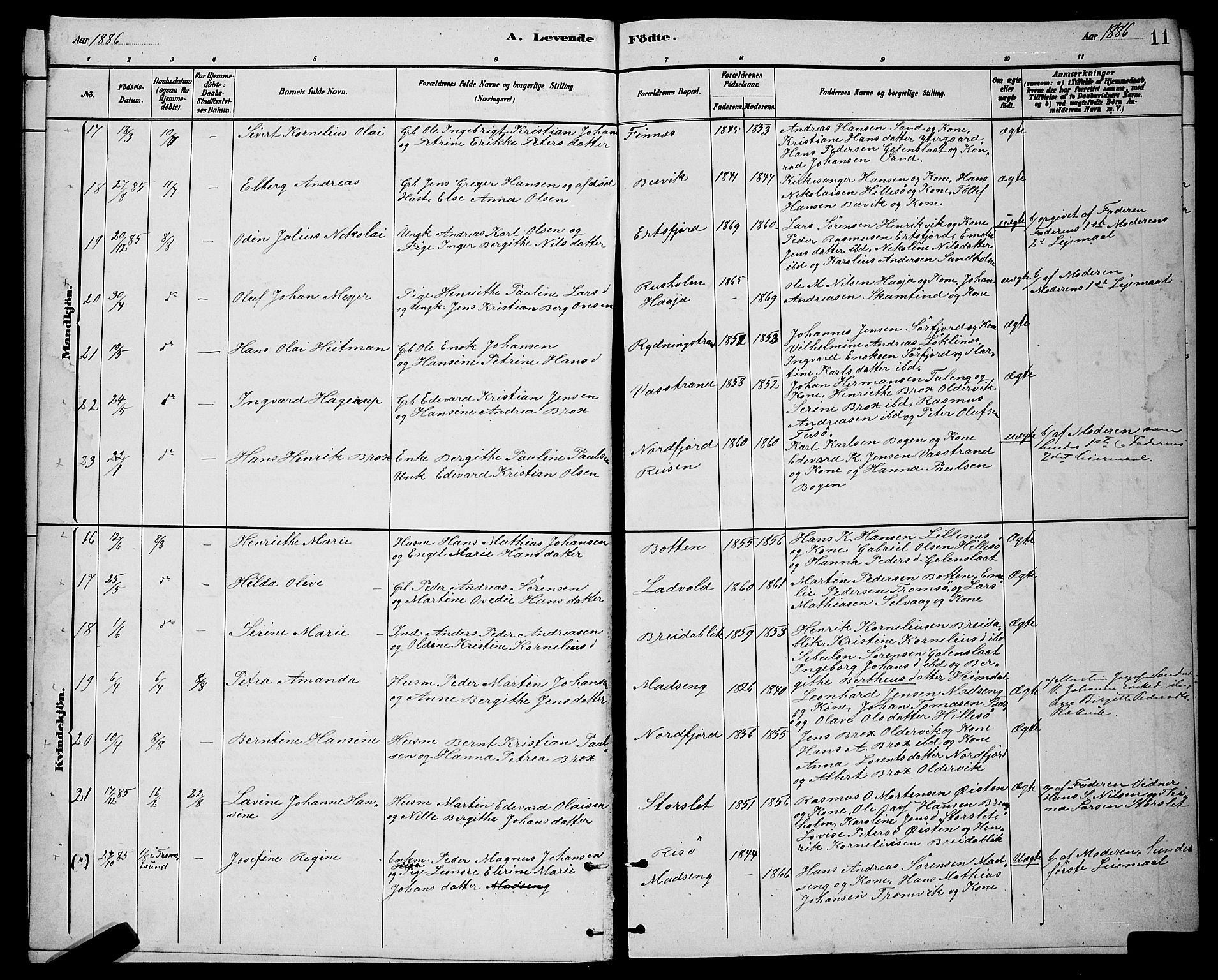 Lenvik sokneprestembete, AV/SATØ-S-1310/H/Ha/Hab/L0021klokker: Parish register (copy) no. 21, 1884-1900, p. 11