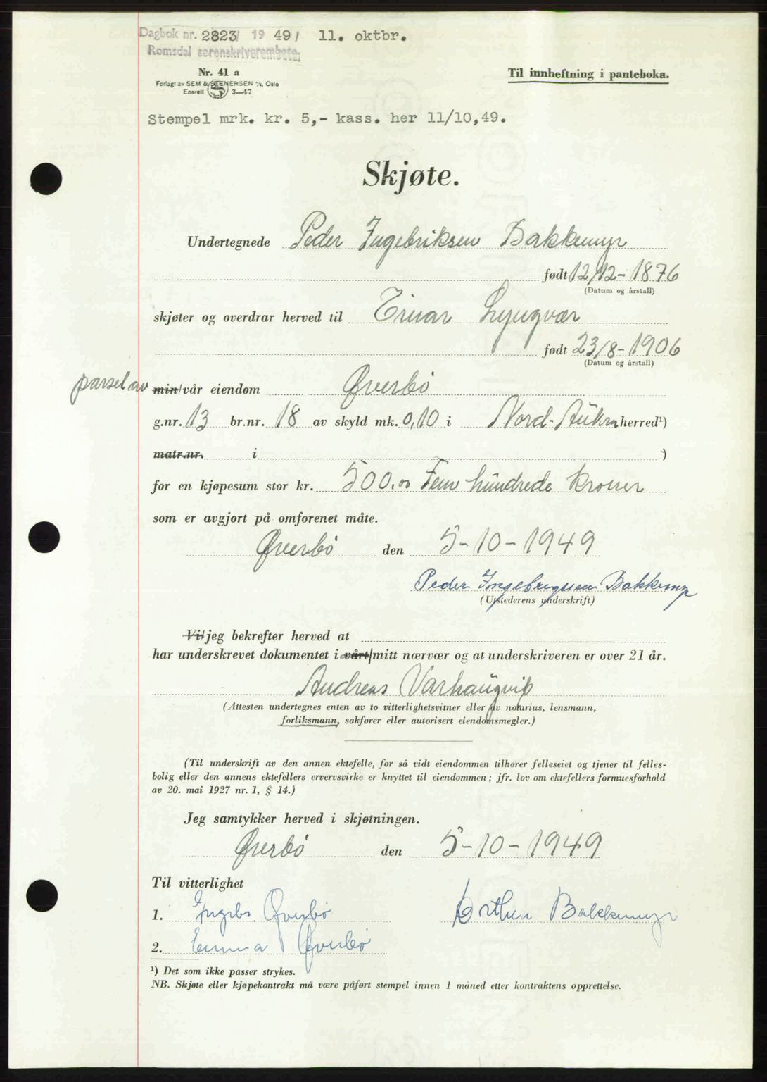 Romsdal sorenskriveri, AV/SAT-A-4149/1/2/2C: Mortgage book no. A31, 1949-1949, Diary no: : 2823/1949