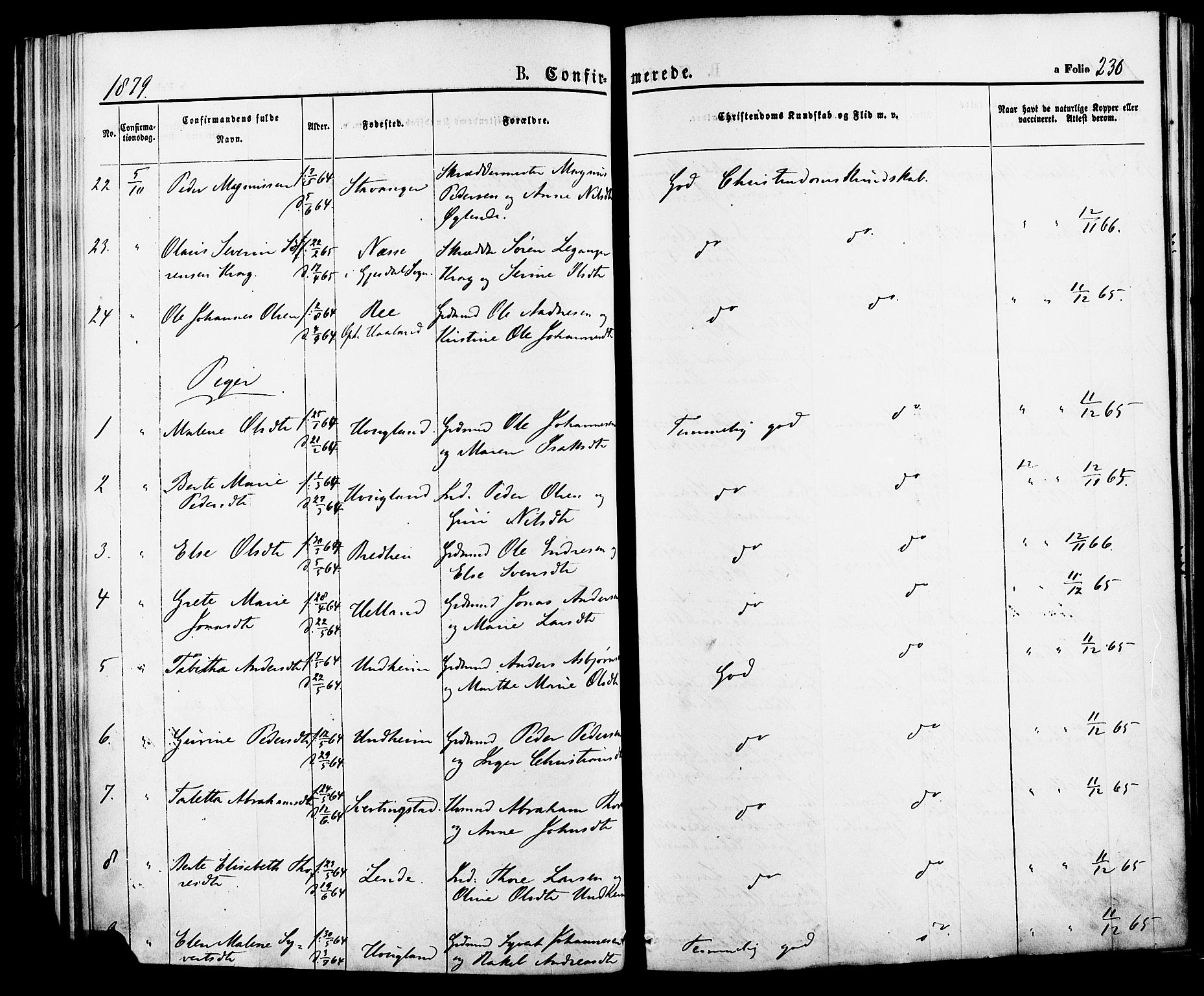 Lye sokneprestkontor, AV/SAST-A-101794/001/30BA/L0008: Parish register (official) no. A 7, 1872-1881, p. 230