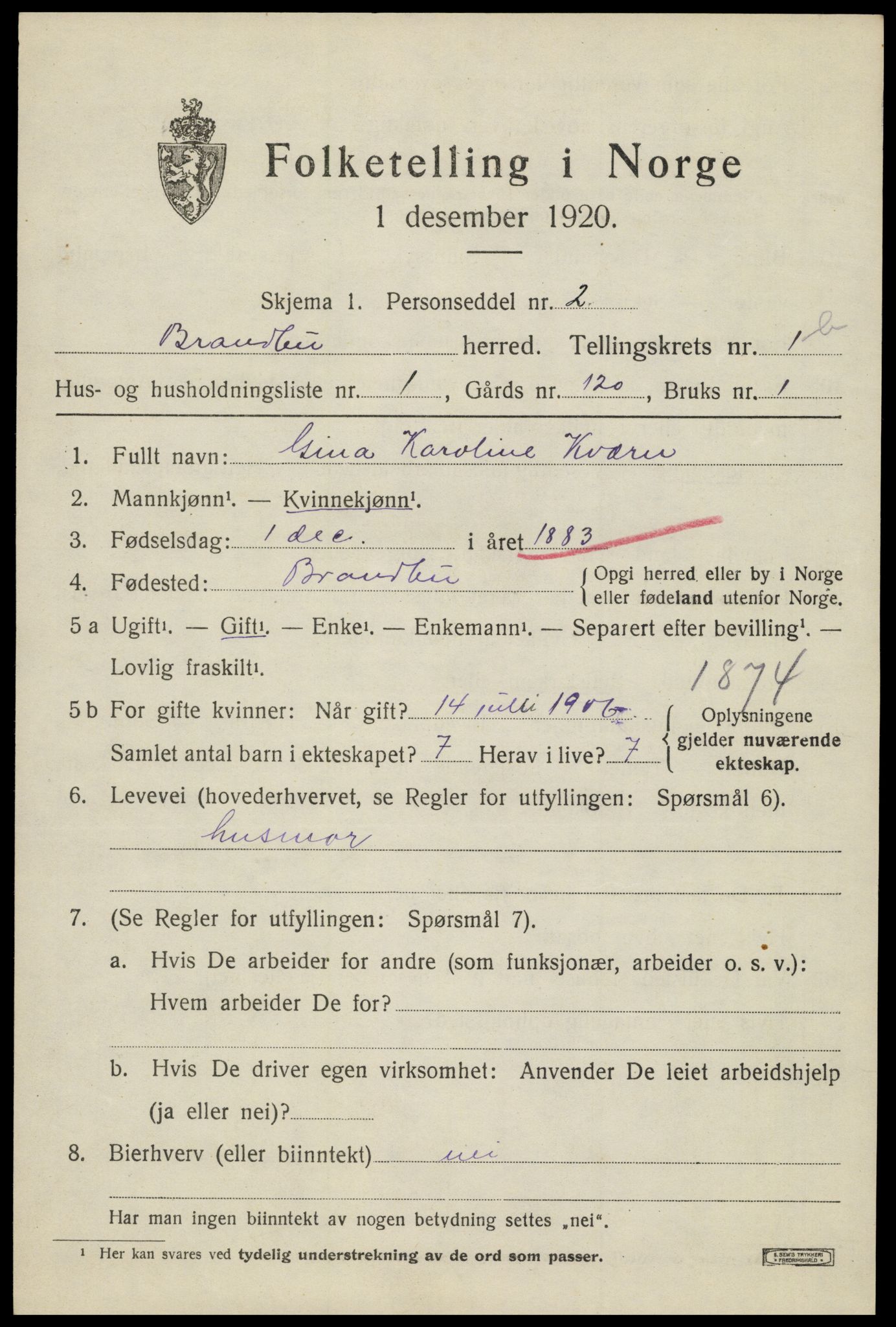 SAH, 1920 census for Brandbu, 1920, p. 3071