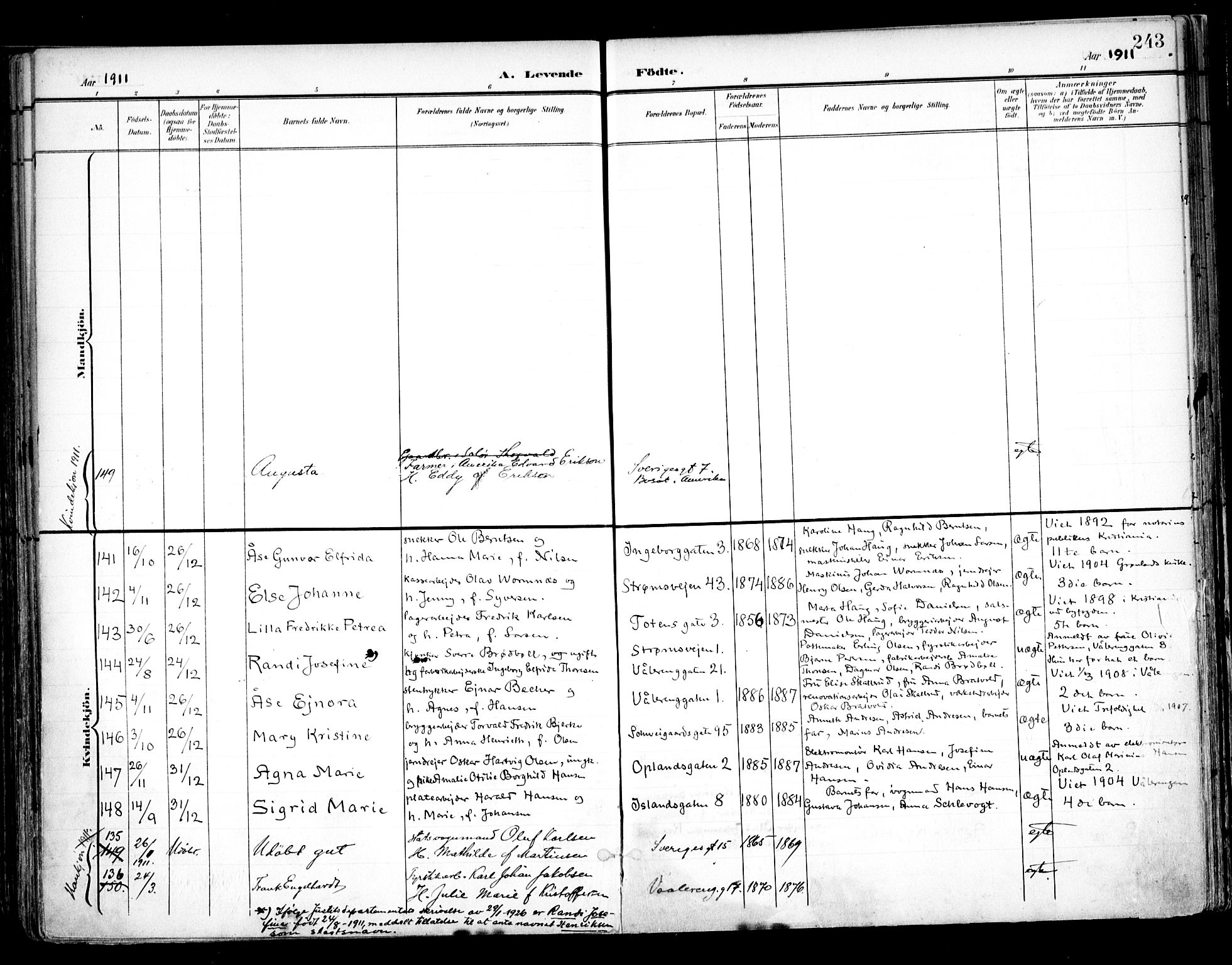 Vålerengen prestekontor Kirkebøker, SAO/A-10878/F/Fa/L0001: Parish register (official) no. 1, 1899-1915, p. 243