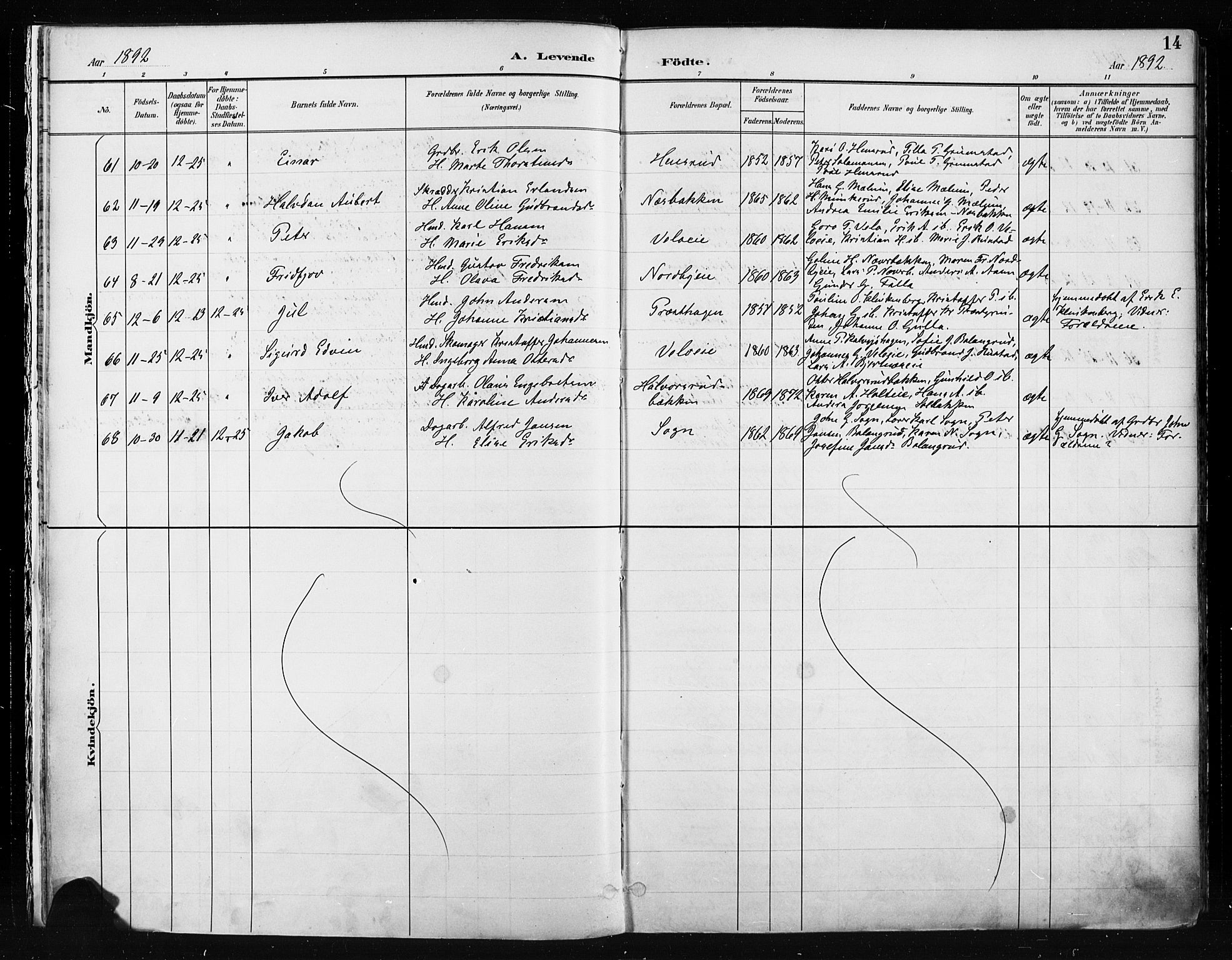 Jevnaker prestekontor, SAH/PREST-116/H/Ha/Haa/L0009: Parish register (official) no. 9, 1891-1901, p. 14