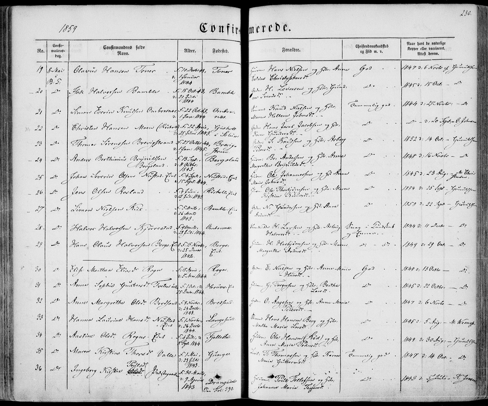 Bamble kirkebøker, AV/SAKO-A-253/F/Fa/L0005: Parish register (official) no. I 5, 1854-1869, p. 230