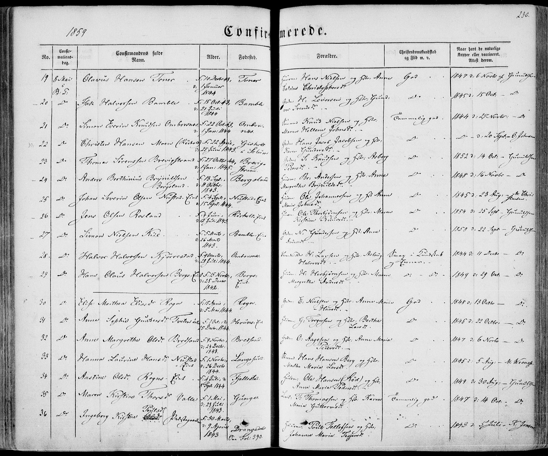 Bamble kirkebøker, SAKO/A-253/F/Fa/L0005: Parish register (official) no. I 5, 1854-1869, p. 230