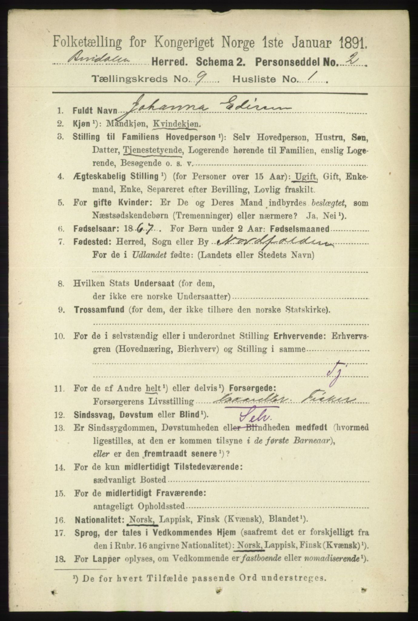 RA, 1891 census for 1811 Bindal, 1891, p. 2925