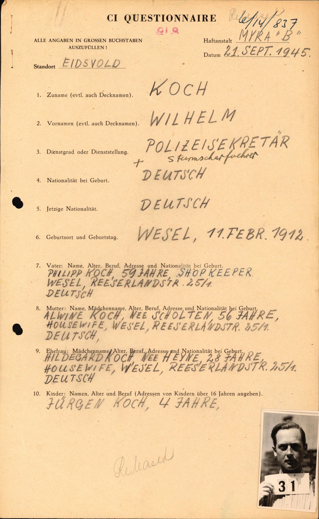 Forsvaret, Forsvarets overkommando II, AV/RA-RAFA-3915/D/Db/L0017: CI Questionaires. Tyske okkupasjonsstyrker i Norge. Tyskere., 1945-1946, p. 345